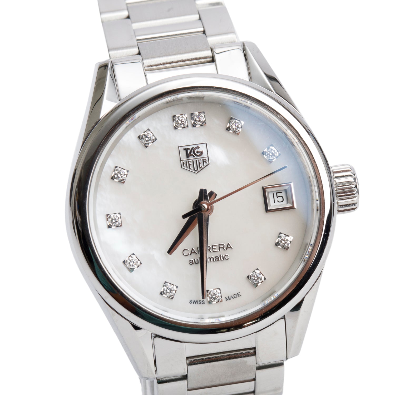 Tag Heuer Stainless Steel Mother of Pearl Diamond Dial Carrera 28 MM Automatic Watch WAR2414 w/ Papers