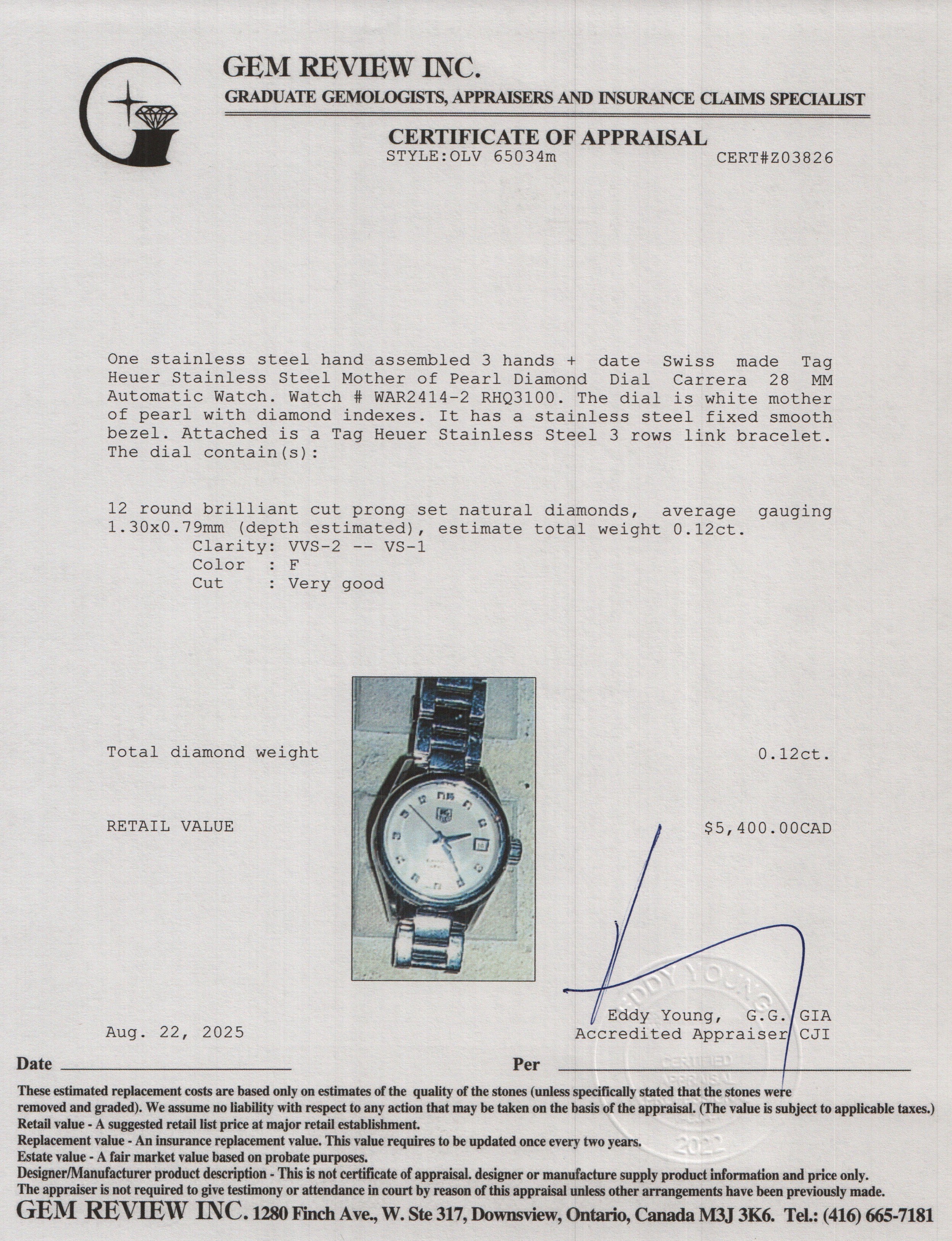 Tag Heuer Stainless Steel Mother of Pearl Diamond Dial Carrera 28 MM Automatic Watch WAR2414 w/ Papers