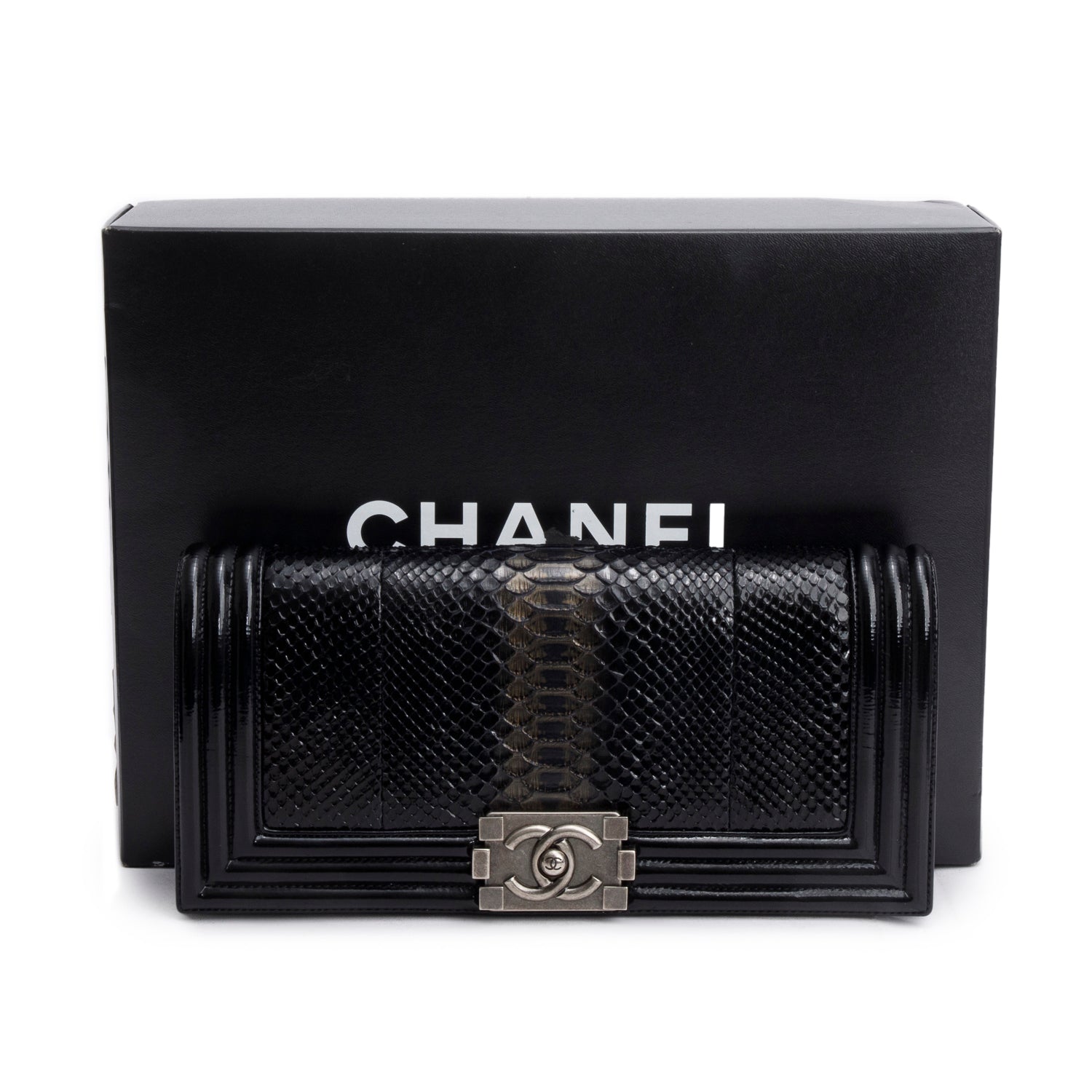 Chanel Black Python Patent Leather Boy Flap Clutch w/ Box & Authenticity Card