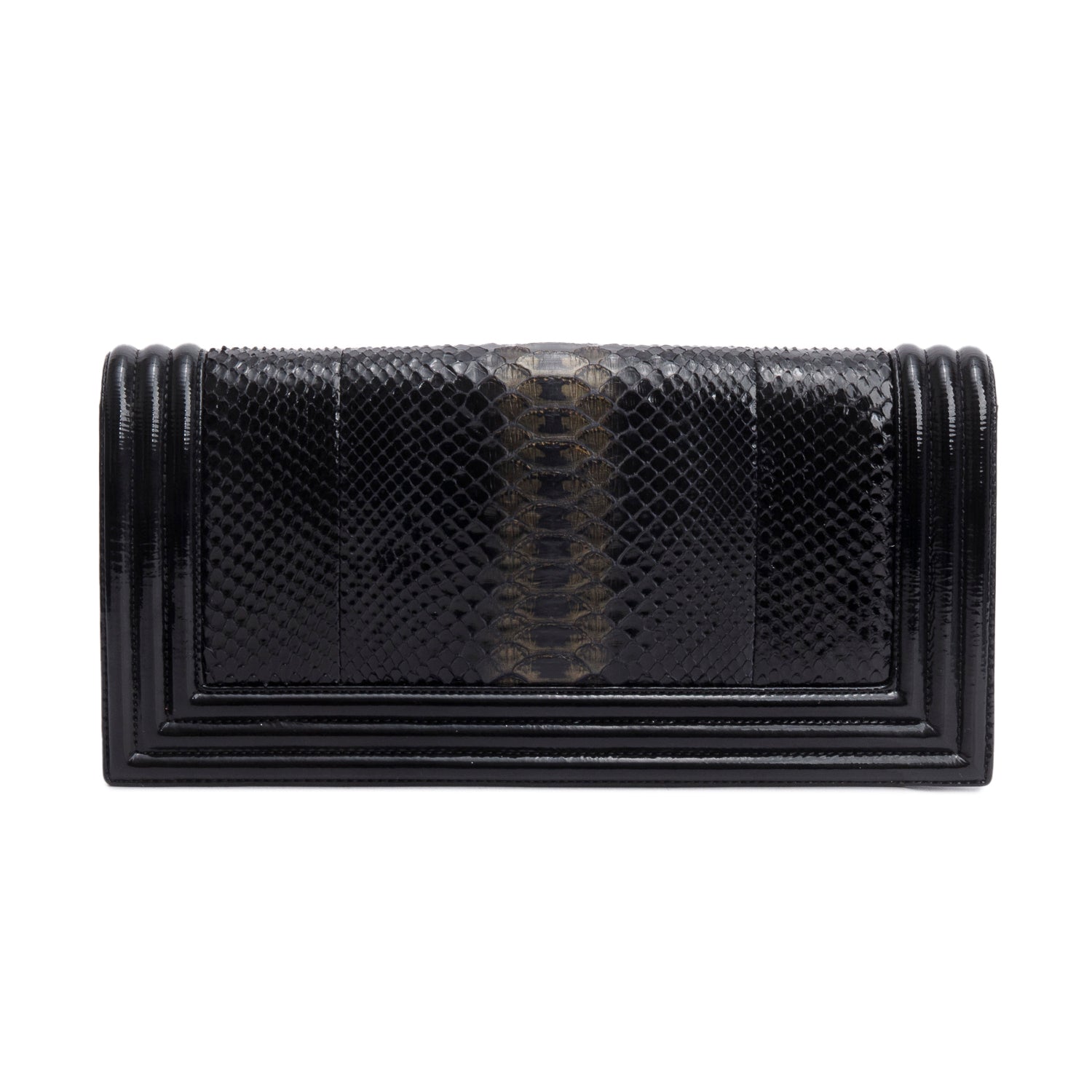 Chanel Black Python Patent Leather Boy Flap Clutch w/ Box & Authenticity Card
