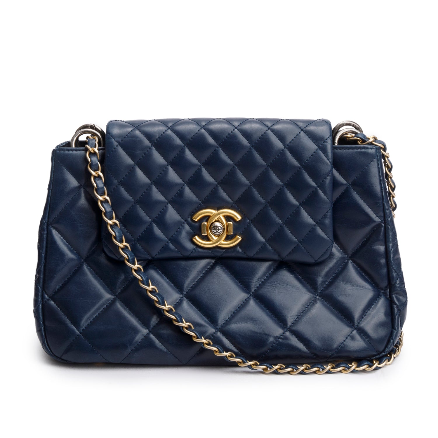 Chanel Navy Aged Calfskin Quilted Daily Walk Accordion Flap Shoulder Bag w/ Authenticity Card