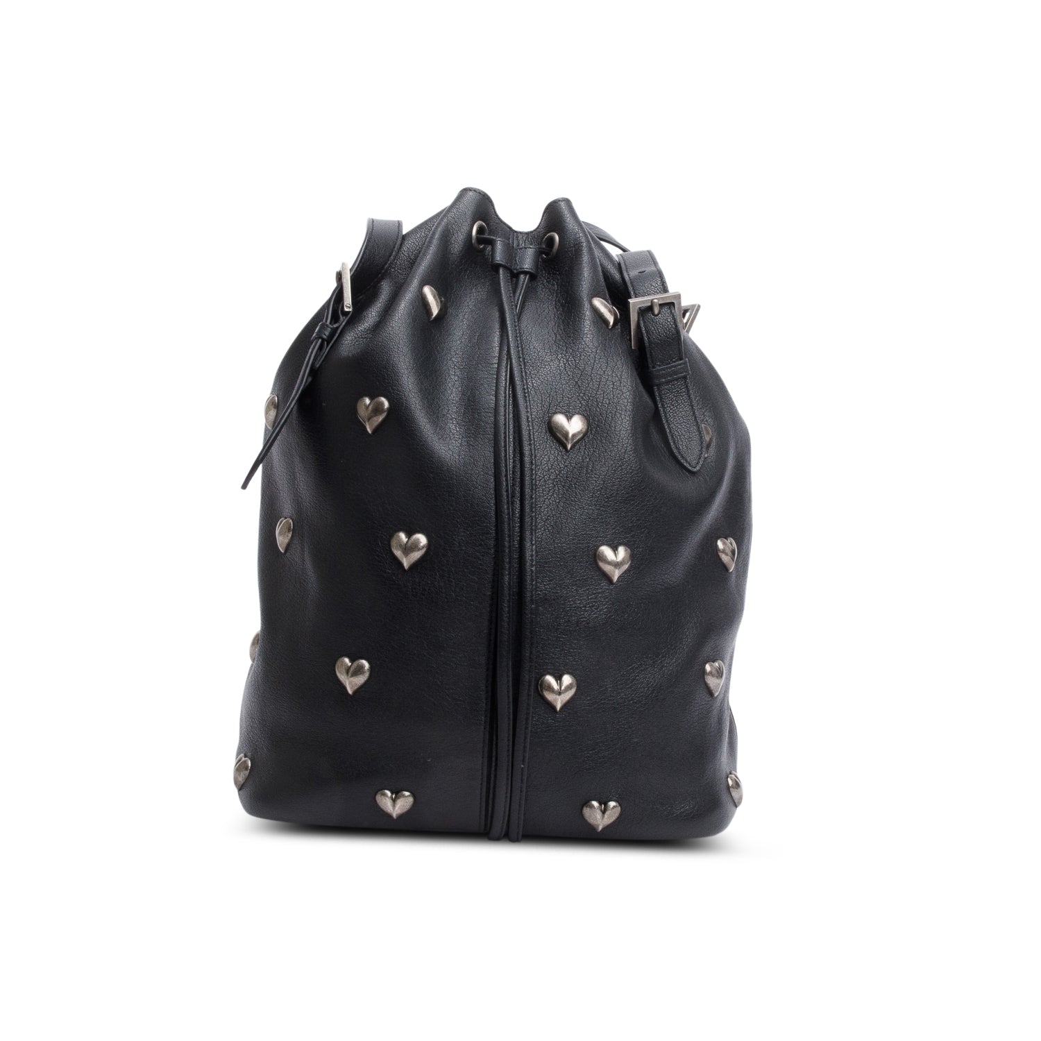 Saint Laurent 2022 Black Lambskin Heart Studded Riva Medium Bucket Bag w/ Pochette