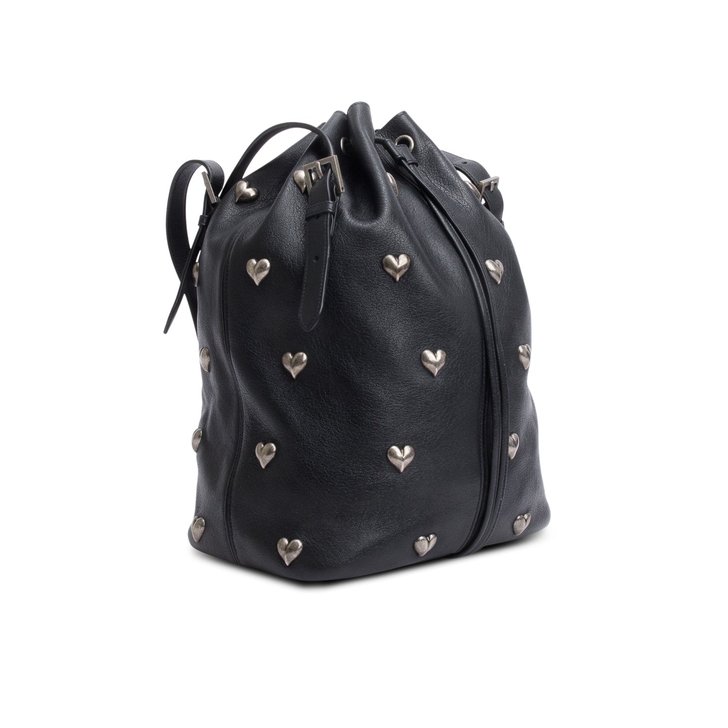 Saint Laurent 2022 Black Lambskin Heart Studded Riva Medium Bucket Bag w/ Pochette