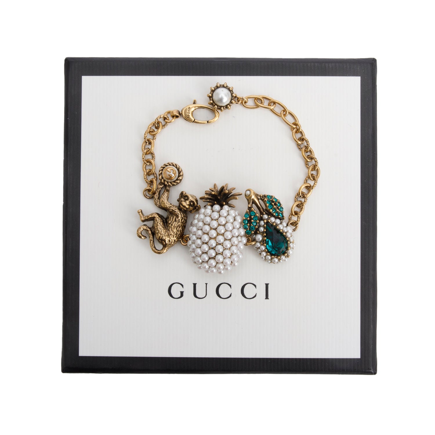 Gucci Gold-Plated Faux Pearl & Rhinestone Monkey & Pineapple Fruit Bracelet w/ Box