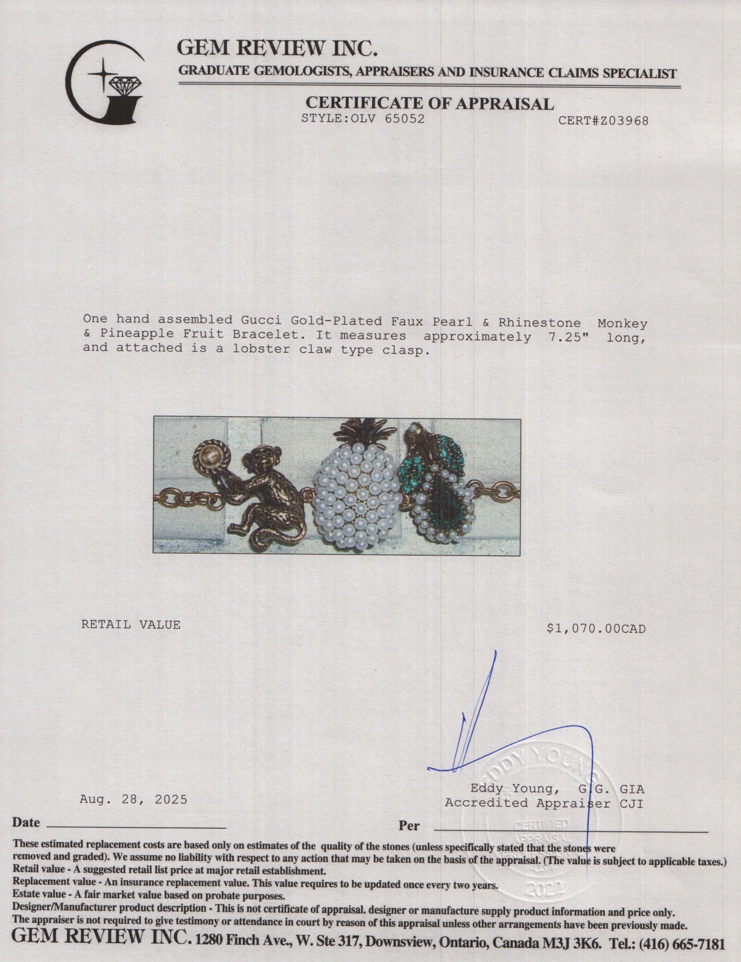 Gucci Gold-Plated Faux Pearl & Rhinestone Monkey & Pineapple Fruit Bracelet w/ Box