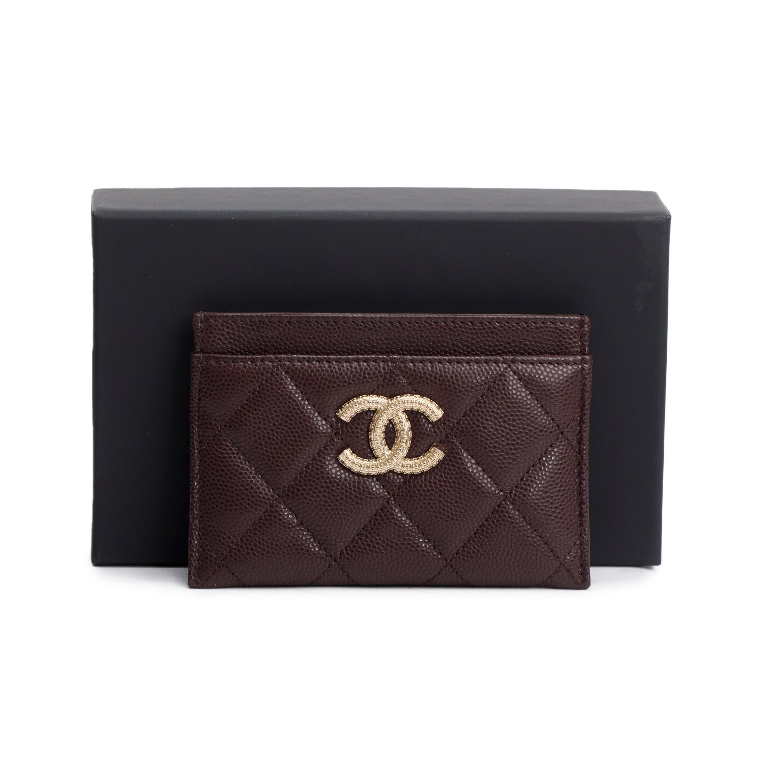 Chanel Burgundy Quilted Caviar Leather Card Holder w/ Box