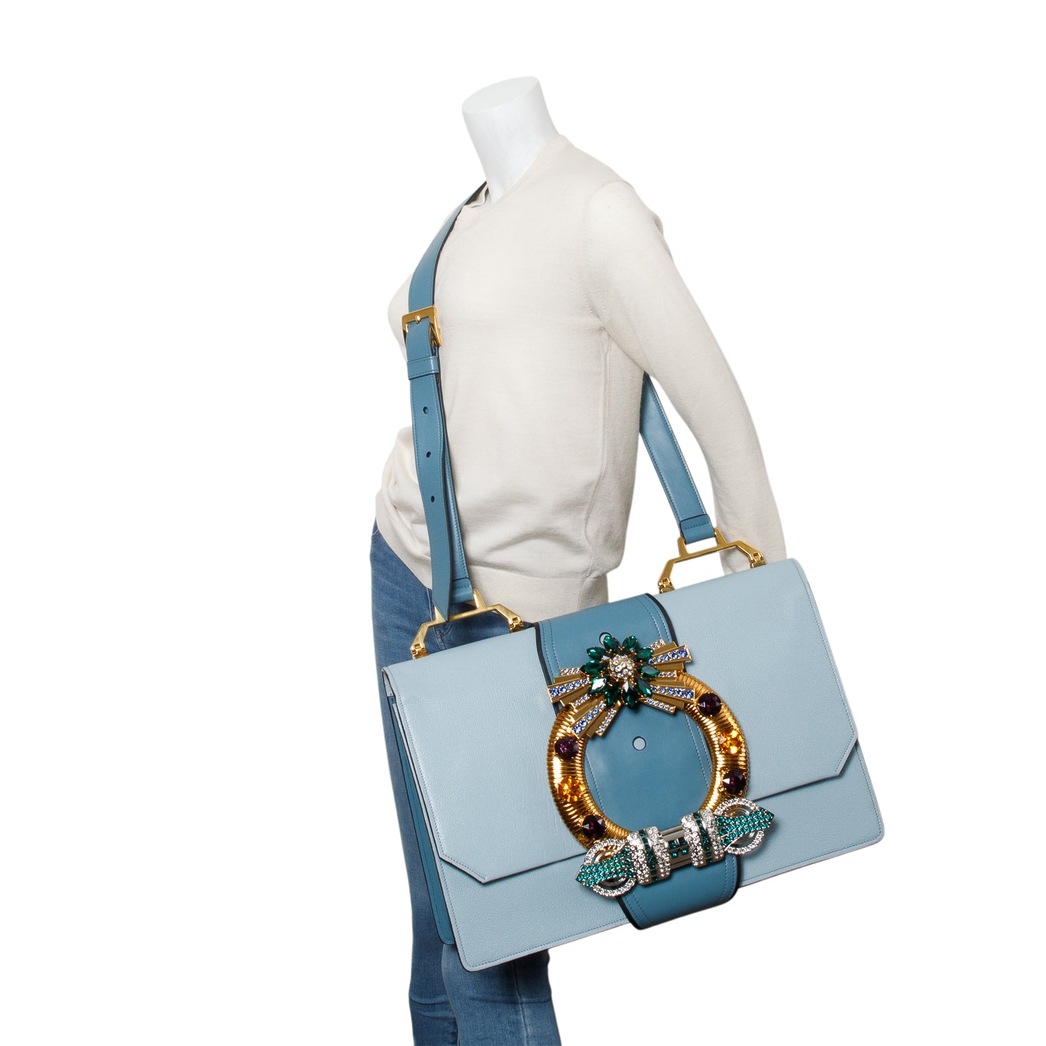 Miu Miu Blue Leather Lady Jewelled Madras XL Flap Bag