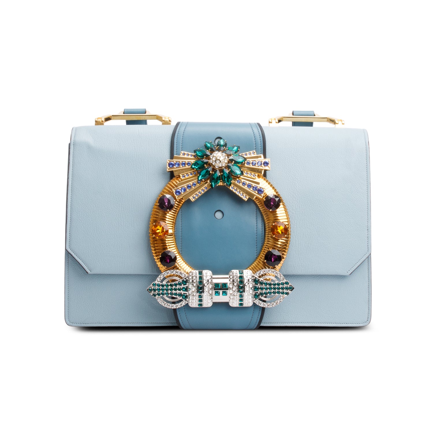 Miu Miu Blue Leather Lady Jewelled Madras XL Flap Bag