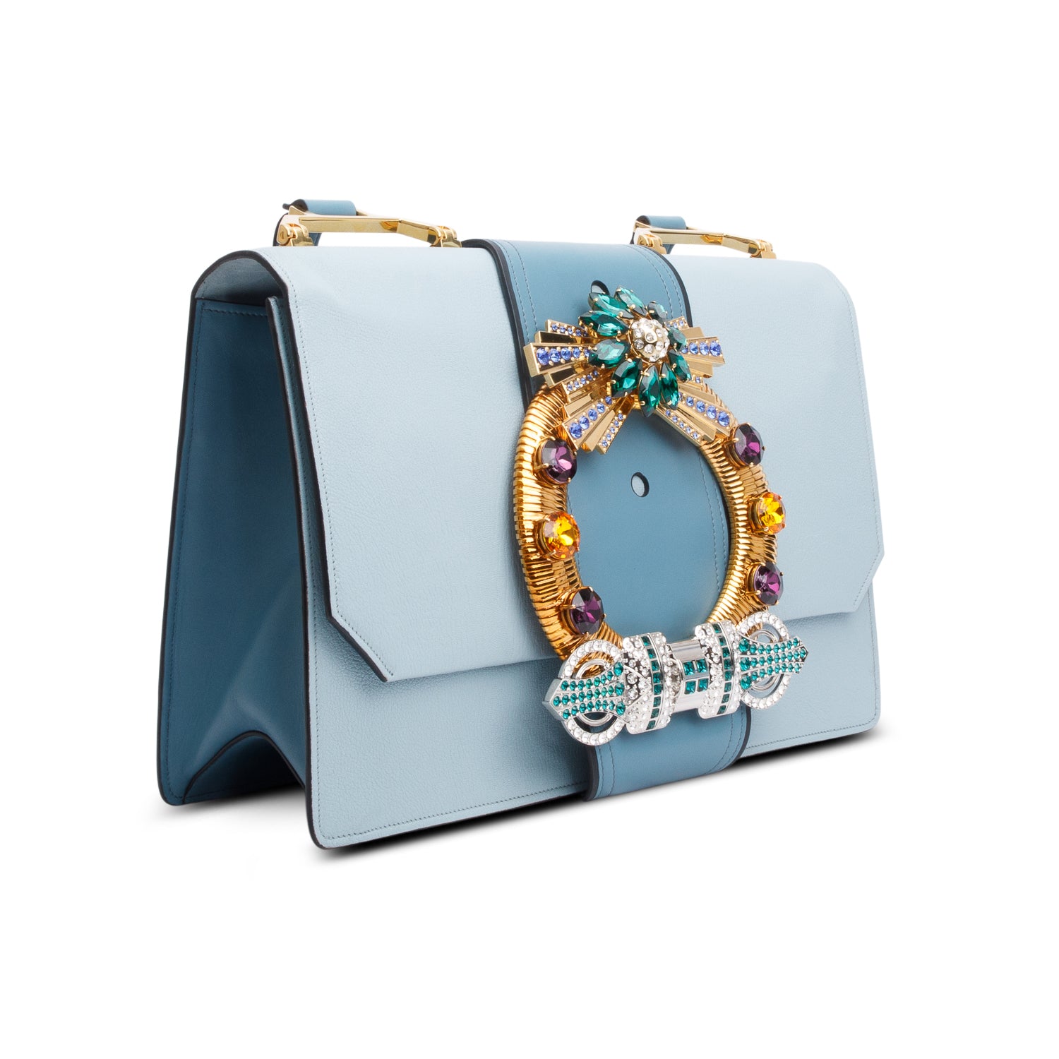 Miu Miu Blue Leather Lady Jewelled Madras XL Flap Bag