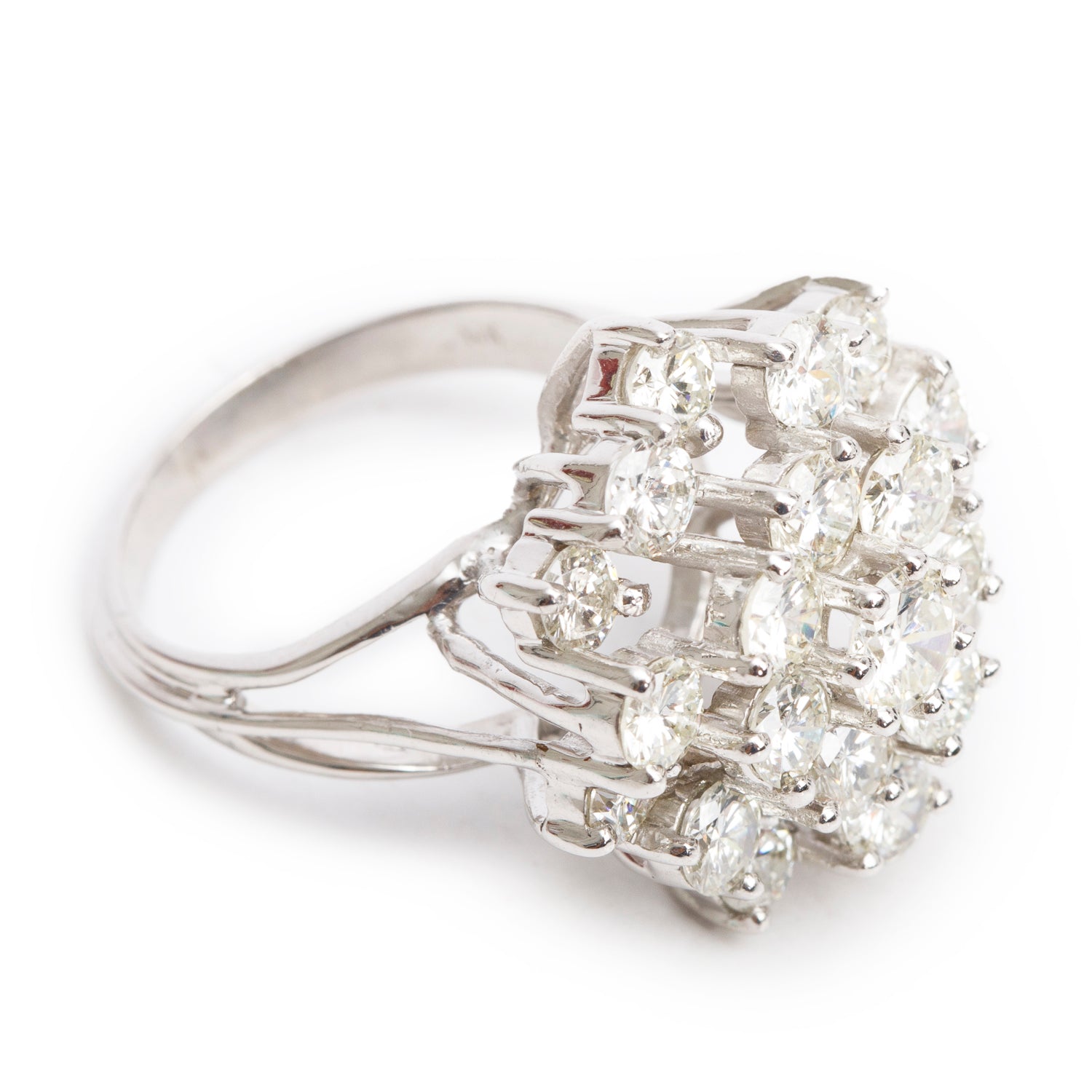 14k White Gold 4.35 tcw. Diamond Cluster Ring, Size 6.25