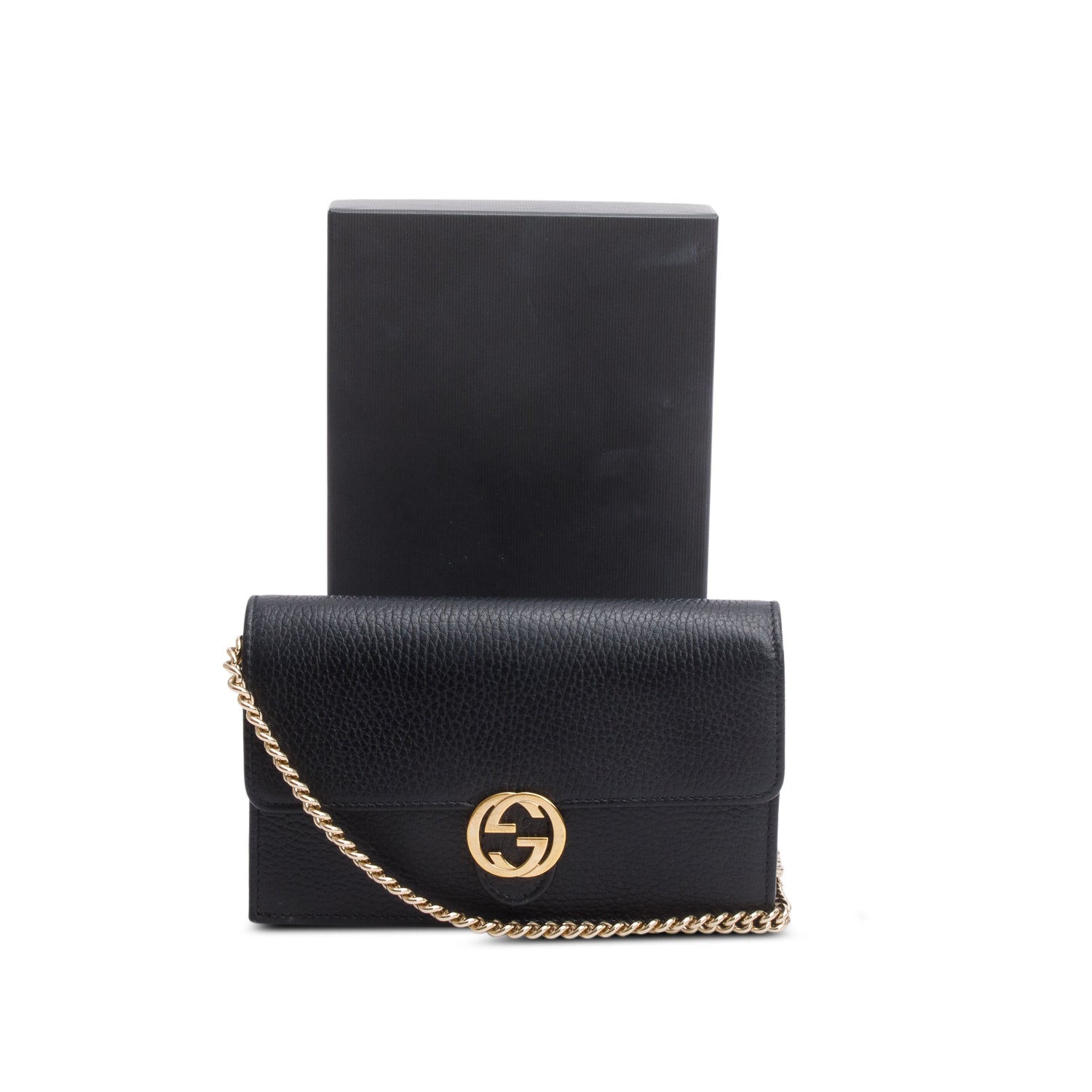 Gucci Black Leather Interlocking G Wallet on Chain w/ Box