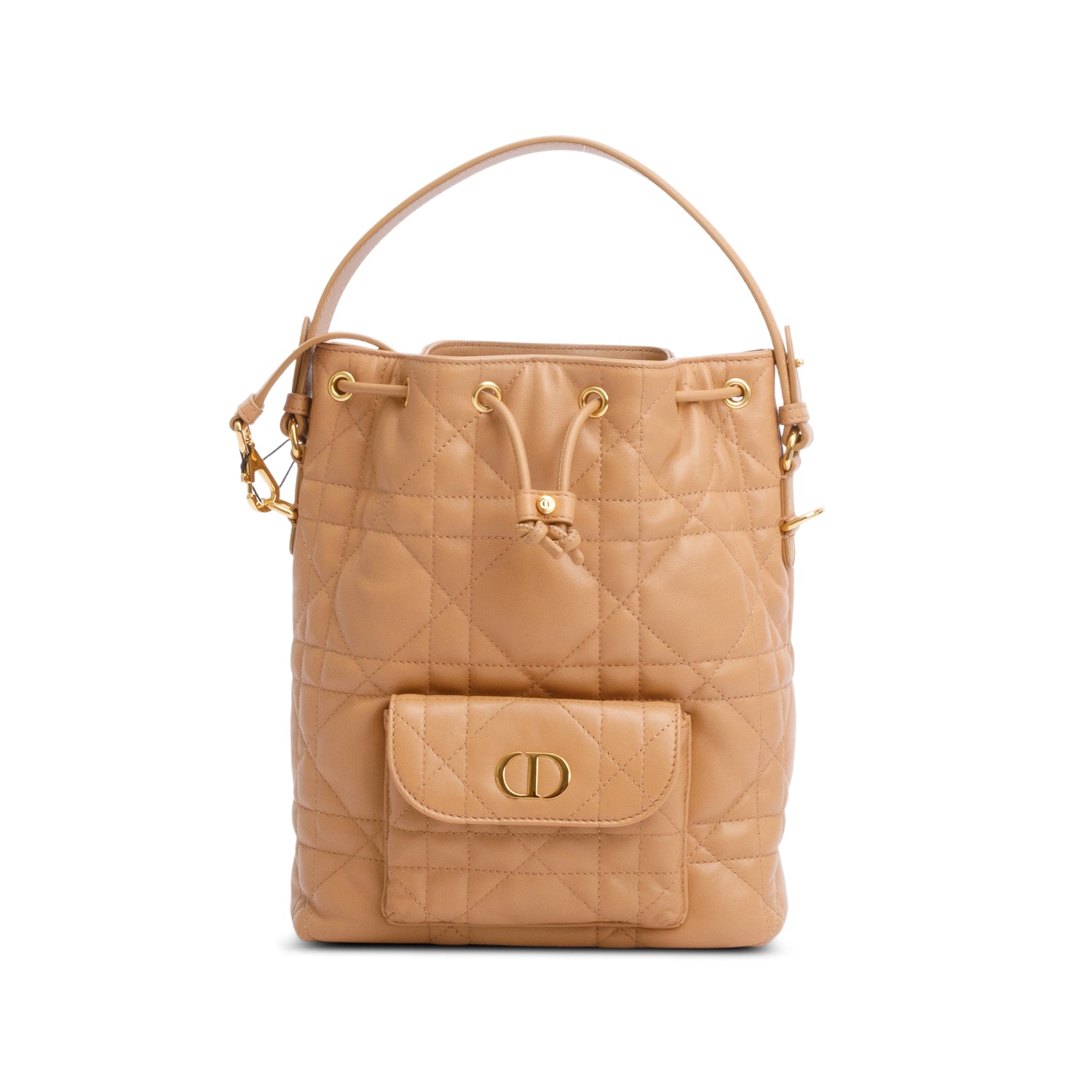 Christian Dior 2025 Brown Macrocannage Lambskin Small Caro Bucket Bag w/ Strap