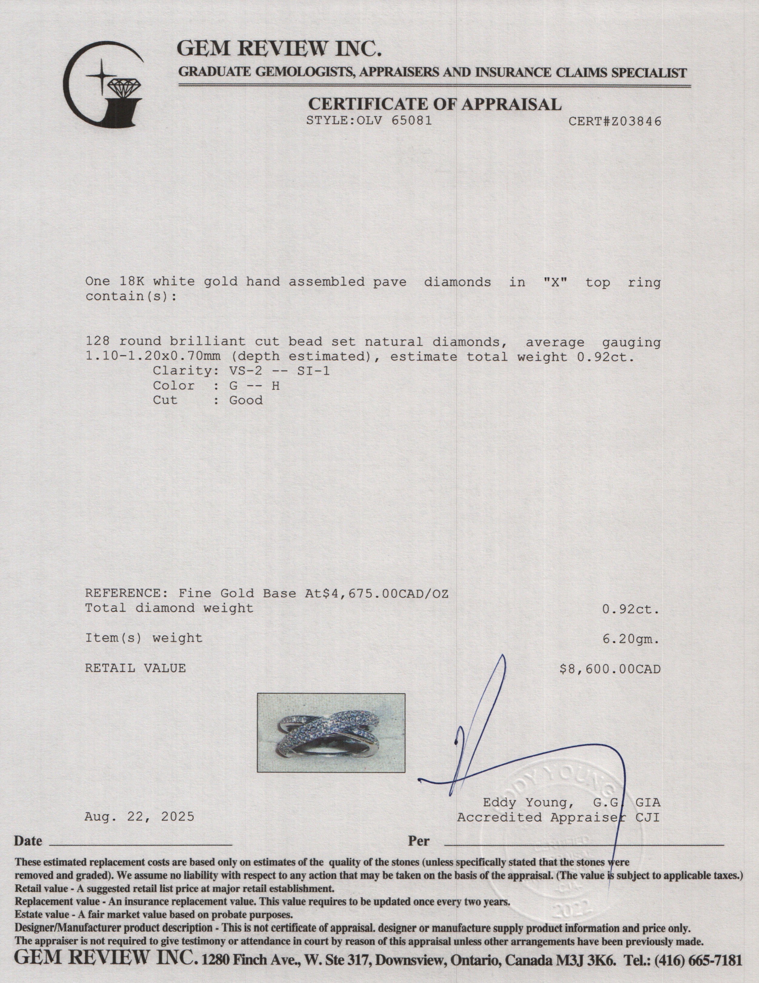 18k White Gold Pave Diamond 'X' Top Ring, Size 5.5