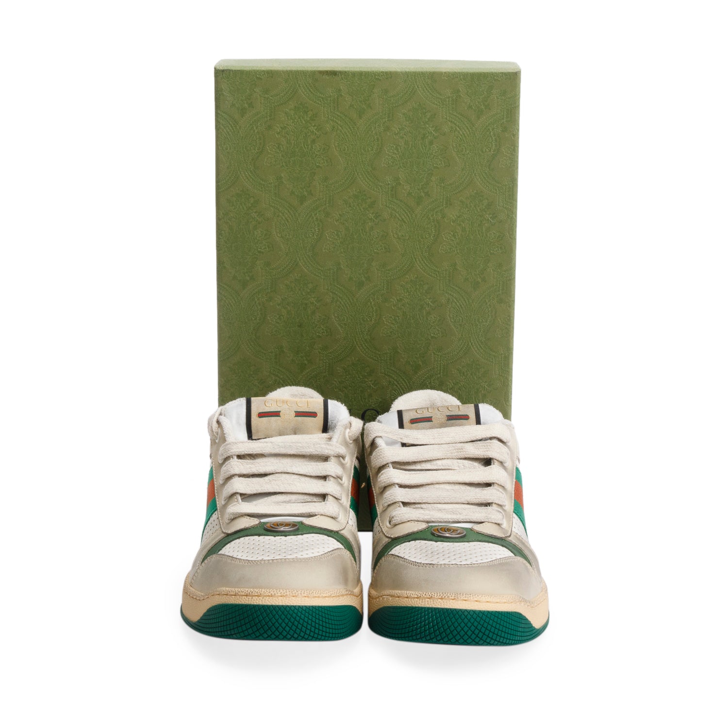 Gucci Beige, Green & White Leather Web Screener Sneakers, Men's Size 40.5 w/ Box