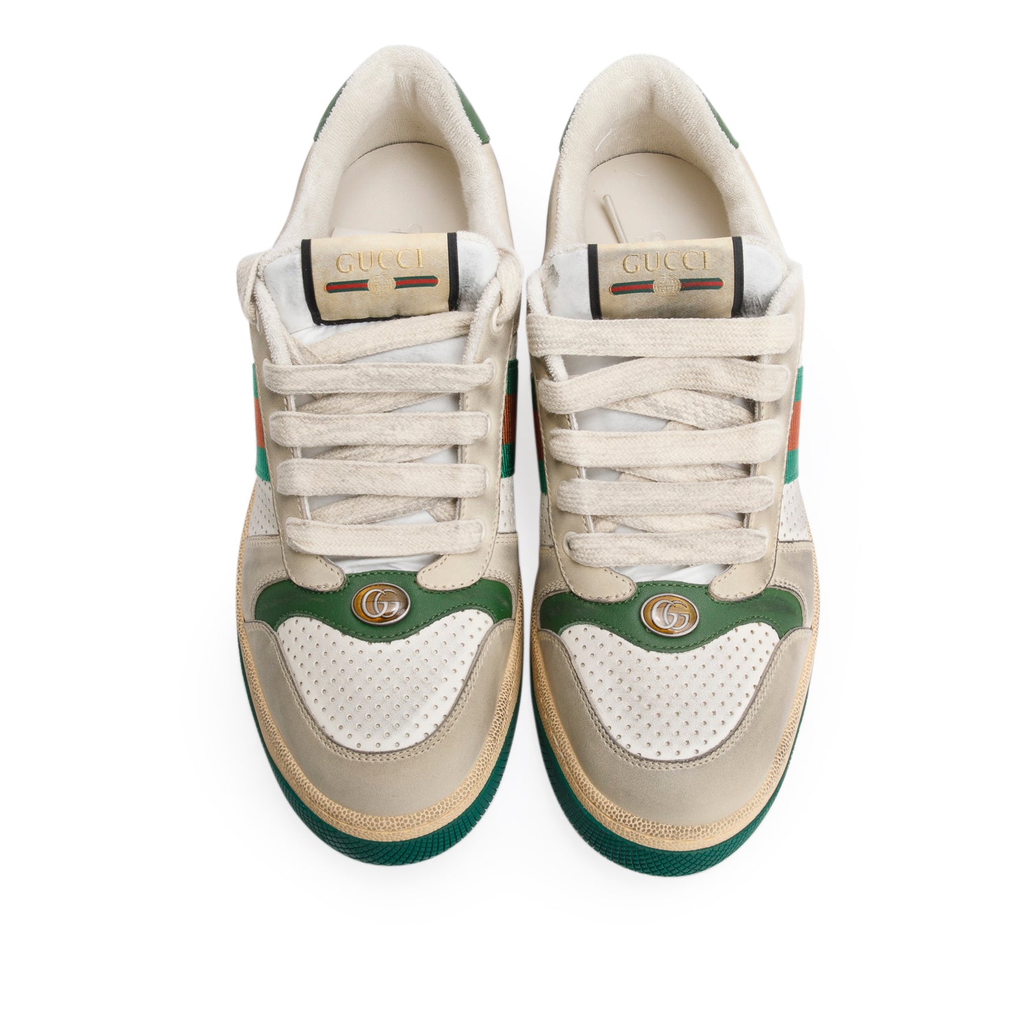 Gucci Beige, Green & White Leather Web Screener Sneakers, Men's Size 40.5 w/ Box