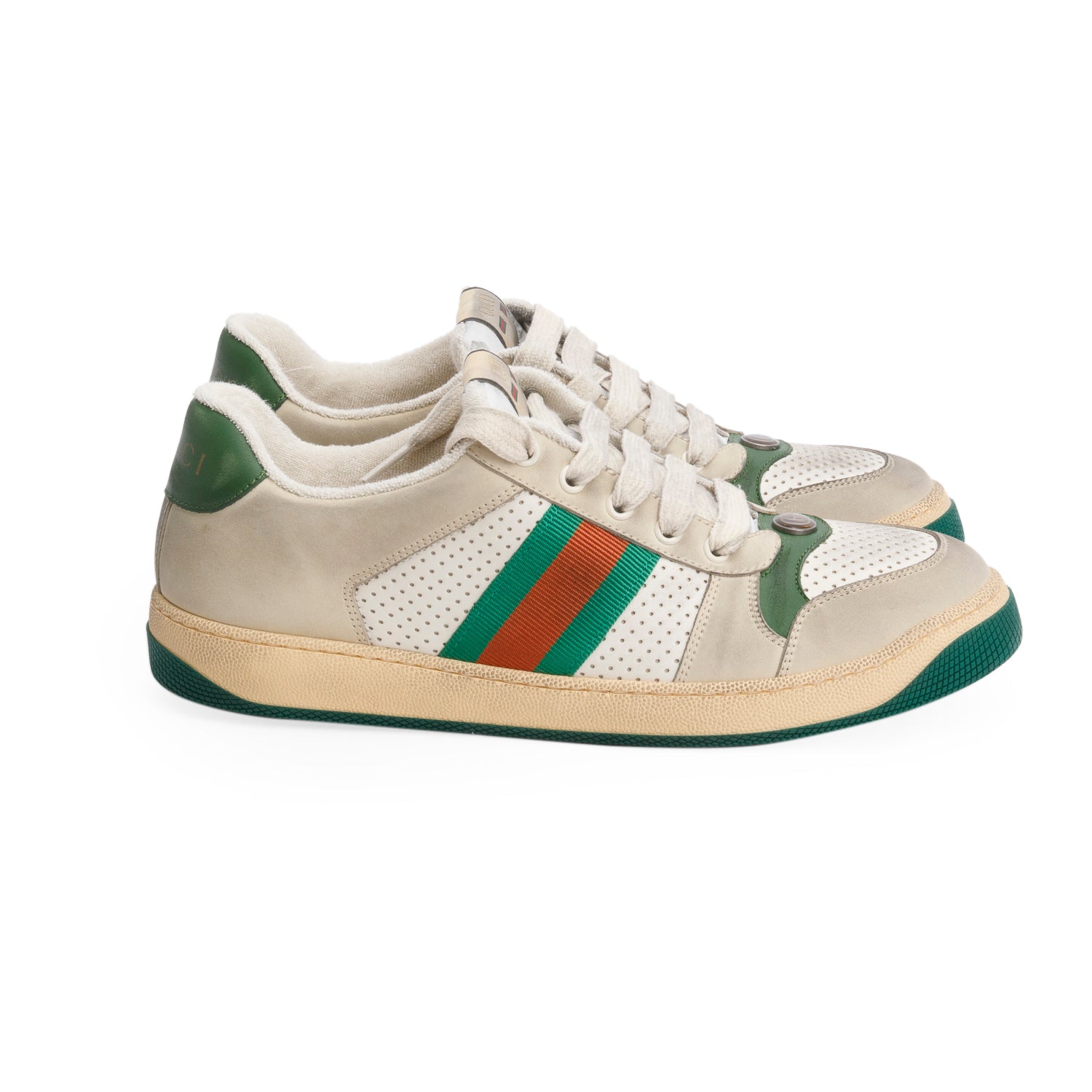 Gucci Beige, Green & White Leather Web Screener Sneakers, Men's Size 40.5 w/ Box
