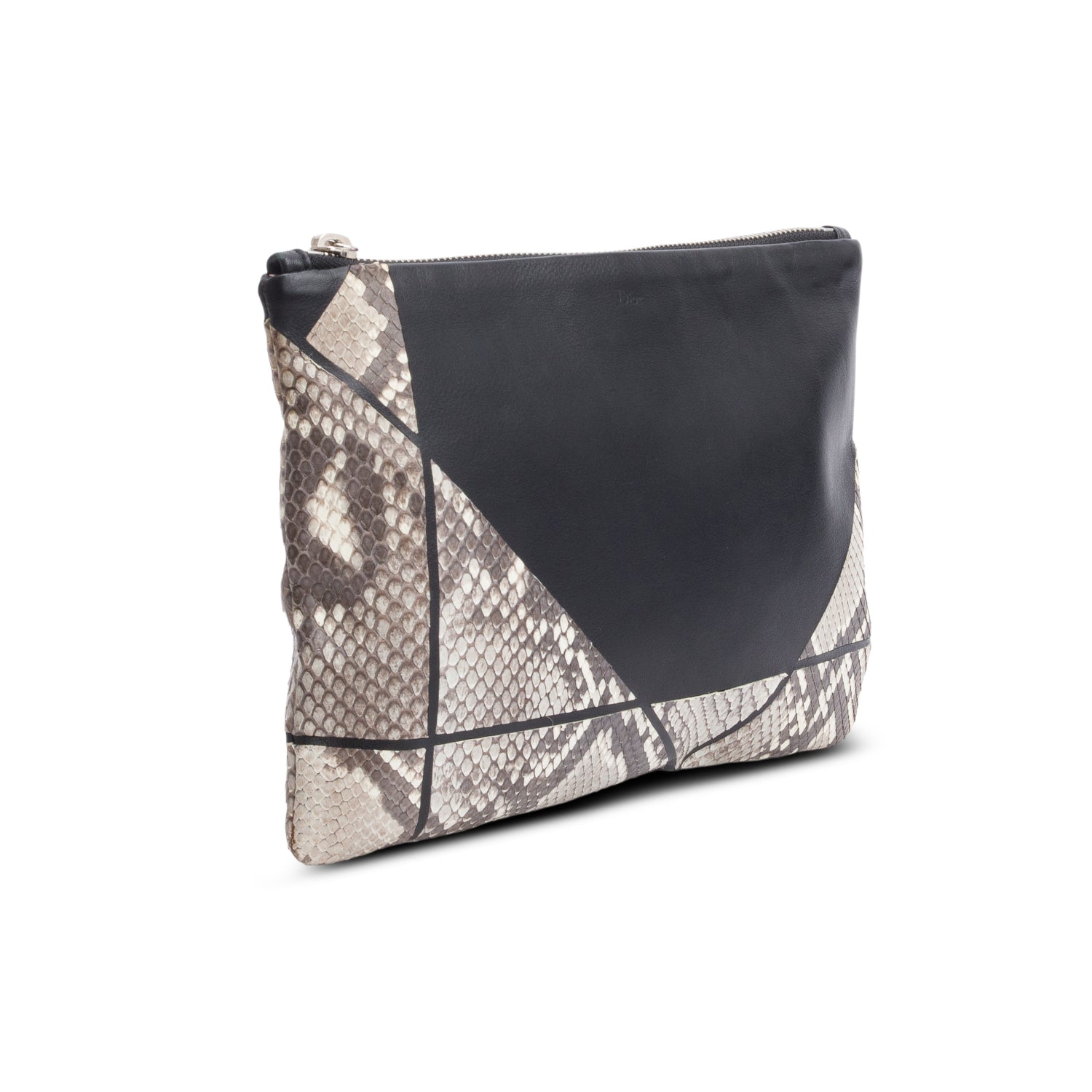 Christian Dior Grey Python Black Leather Trim Zip Pouch