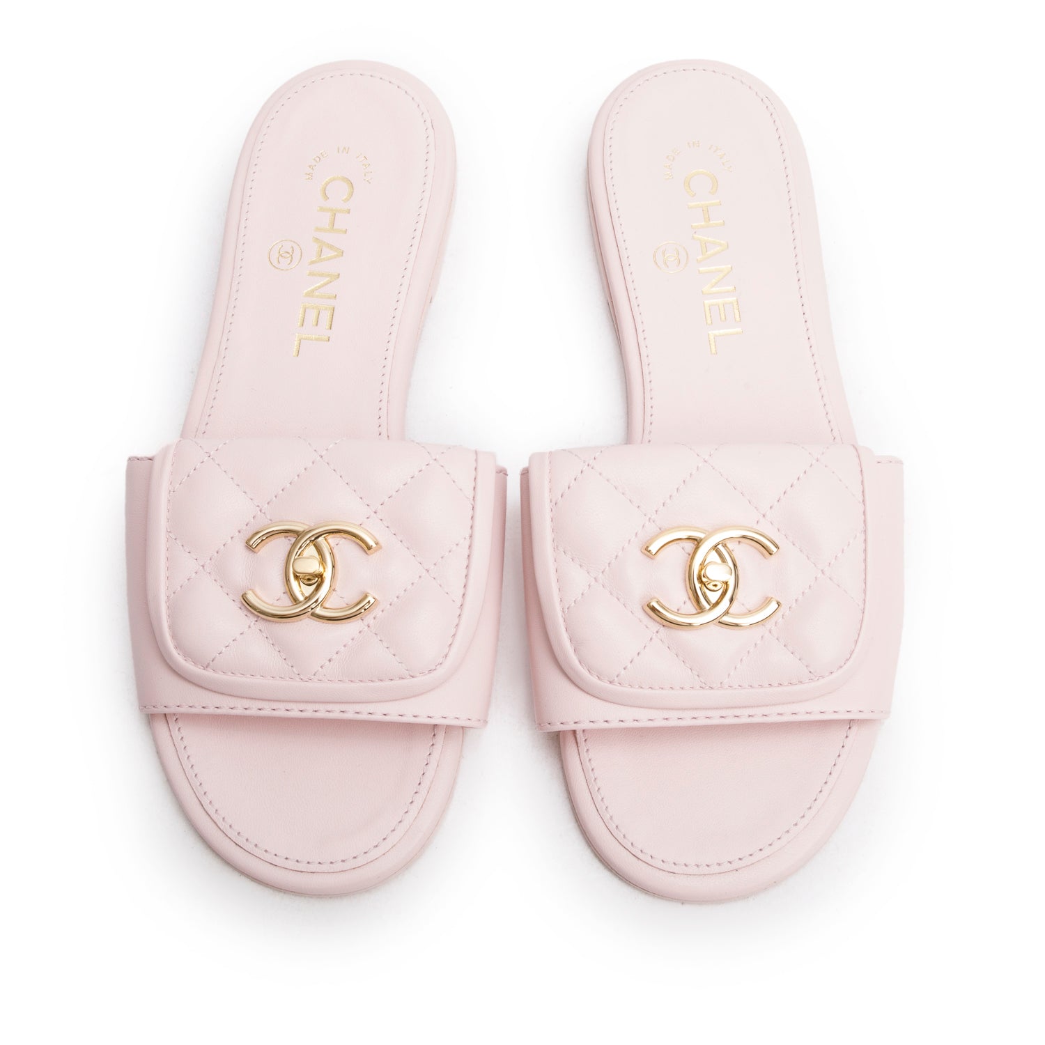 Chanel Pink Lambskin Quilted Turnlock Flat Mules, Size 36 – OLIVER'S