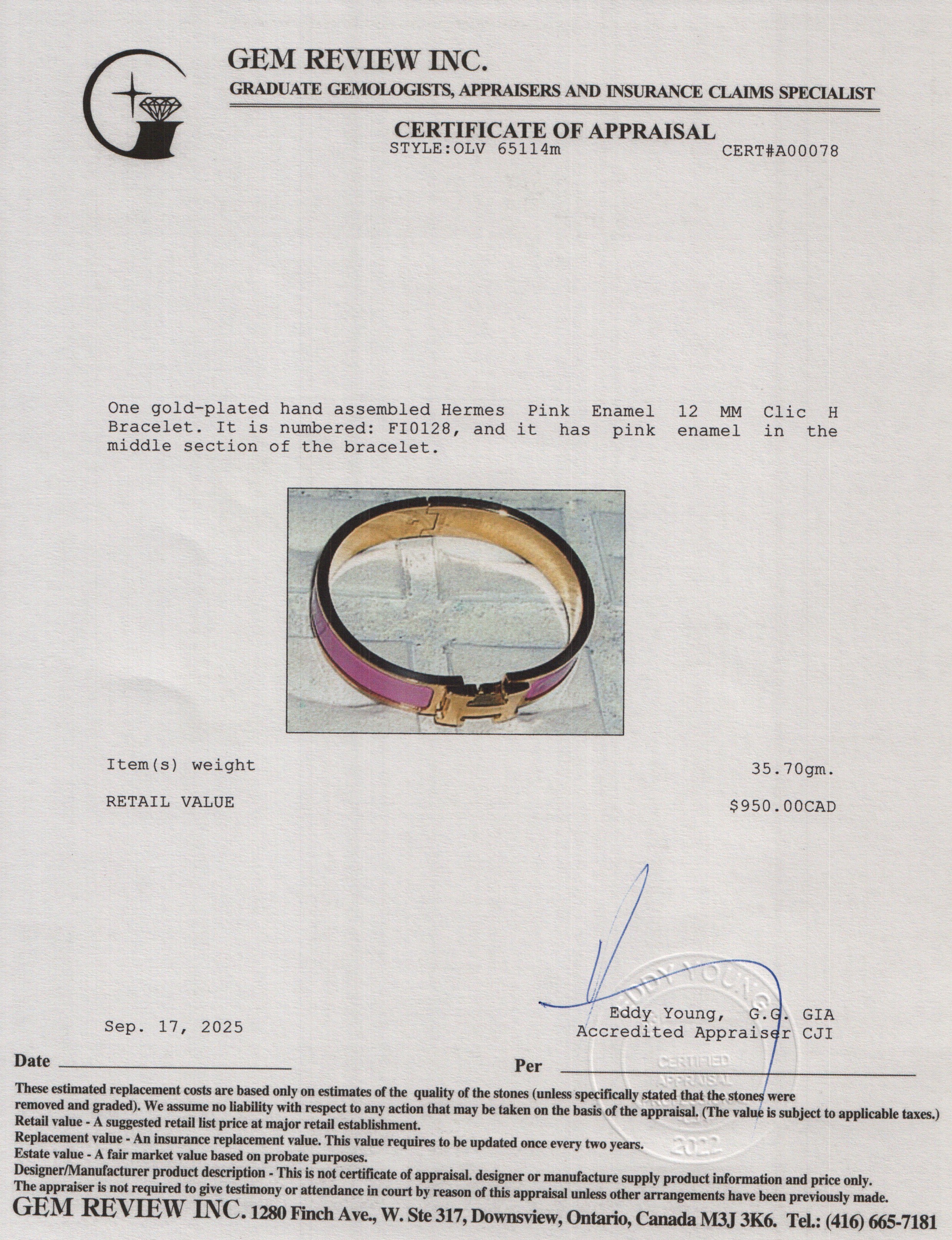 Hermes Gold Plated Pink Enamel 12 MM Clic H Bracelet