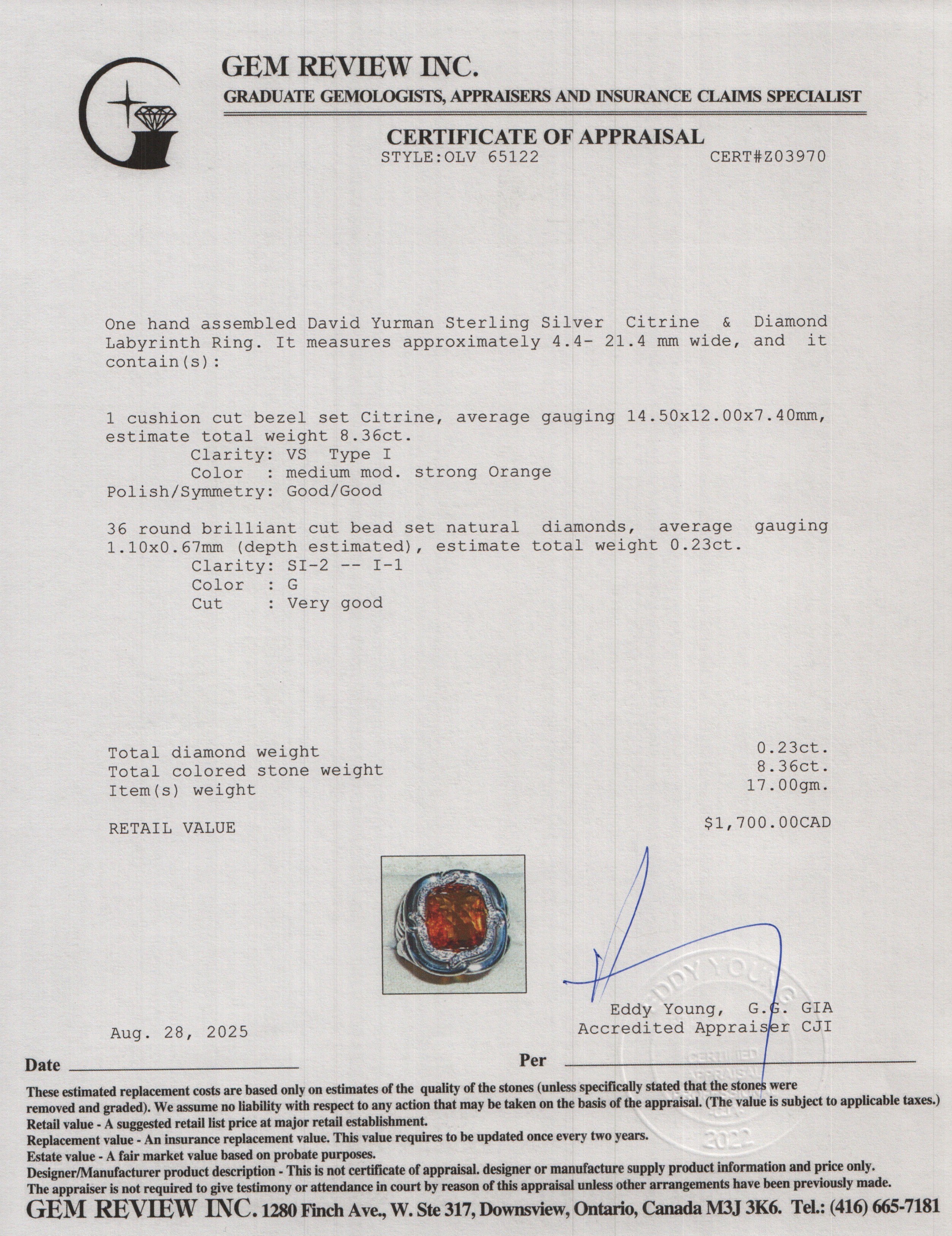 David Yurman Sterling Silver Citrine & Diamond Labyrinth Ring, Size 7.25