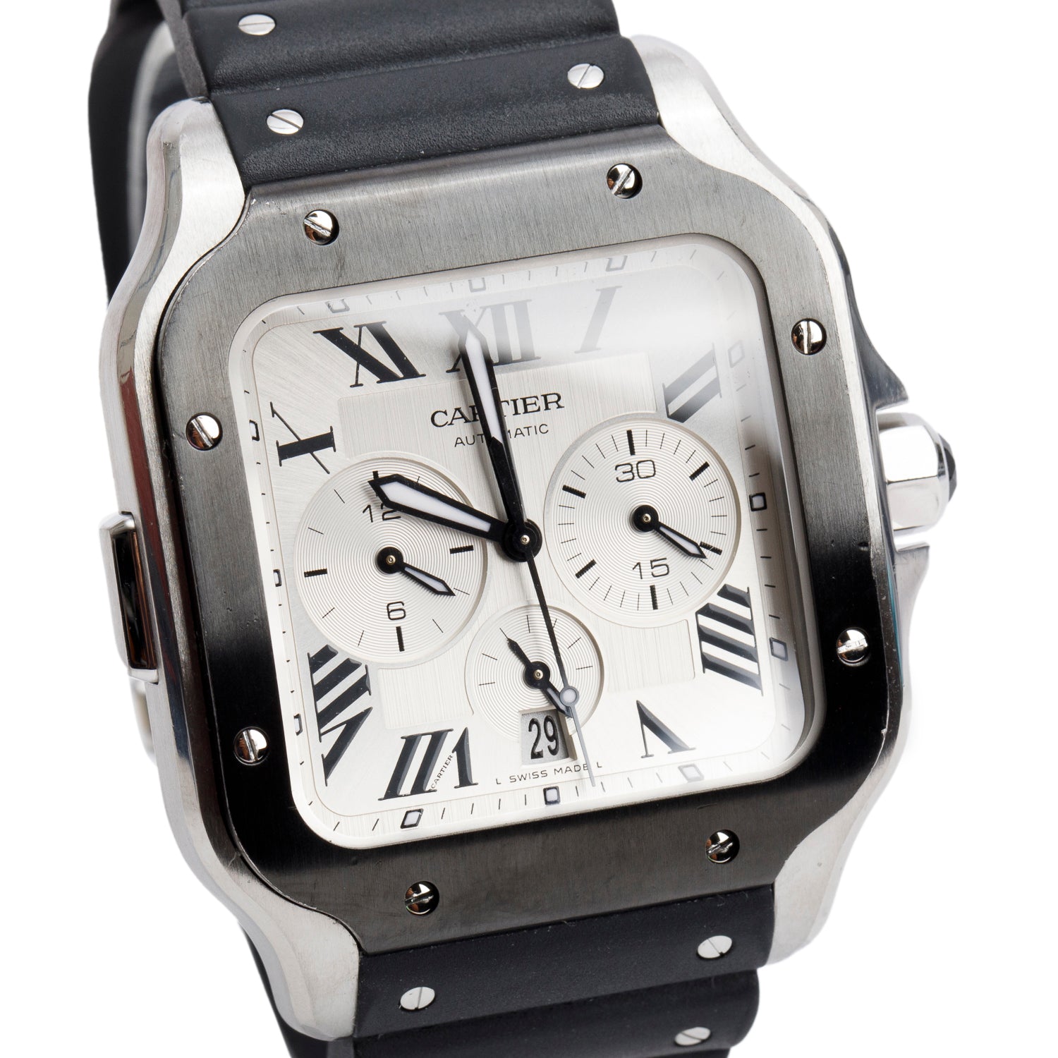 Cartier Stainless Steel & ADLC Santos de Cartier Automatic Chronograph Watch, Extra-Large Model 4183 w/ Box, Papers & Extra Strap