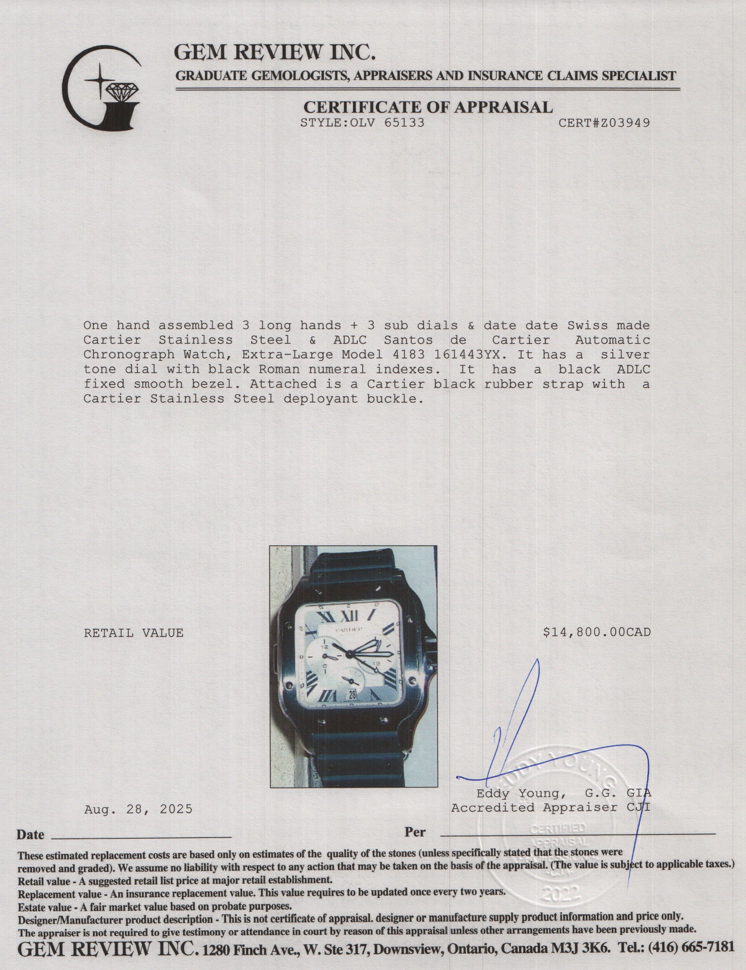 Cartier Stainless Steel & ADLC Santos de Cartier Automatic Chronograph Watch, Extra-Large Model 4183 w/ Box, Papers & Extra Strap