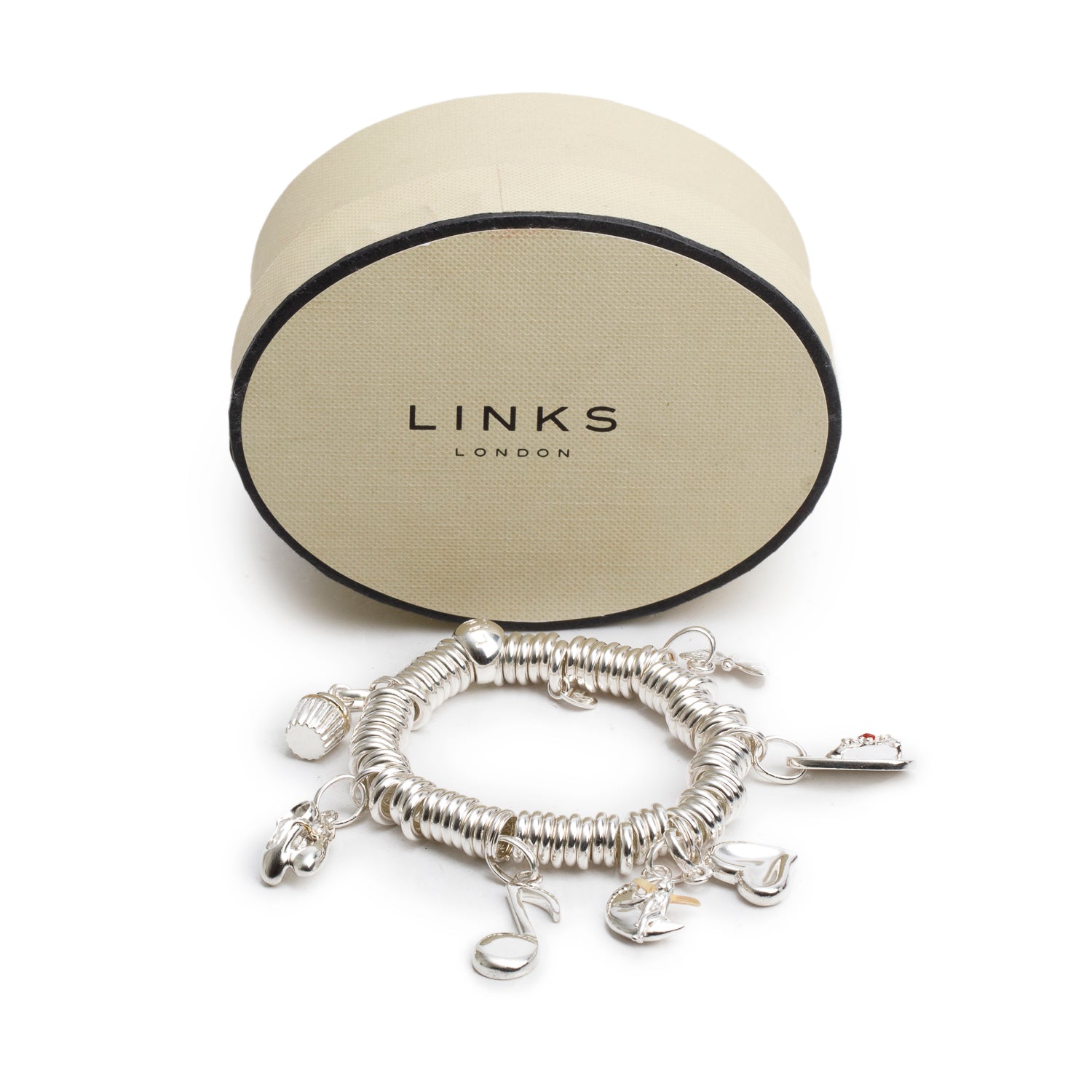 Links of London Sterling Silver Sweetie Charm Bracelet w/ Box & 7 Charms