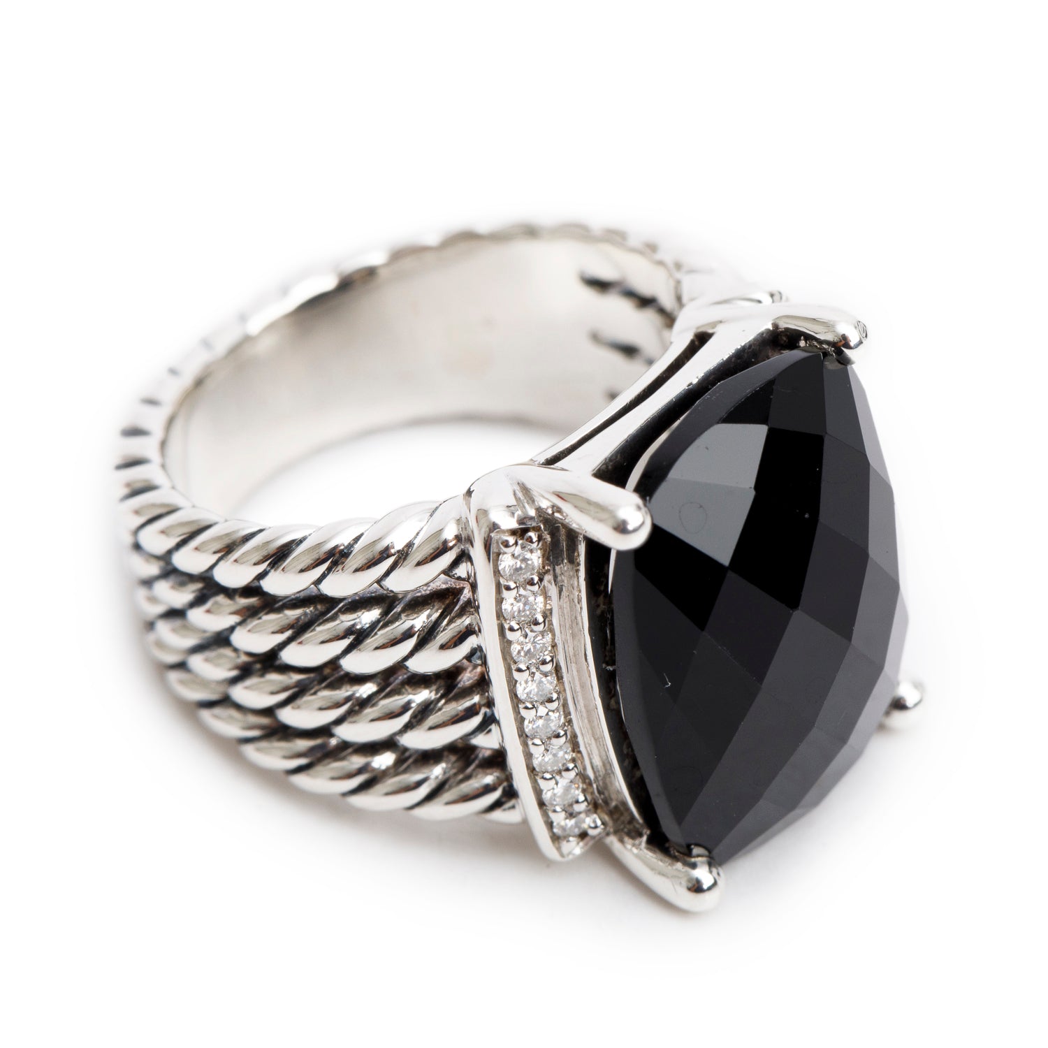 David Yurman Sterling Silver Onyx & Diamond Wheaton Ring, Size 5.75