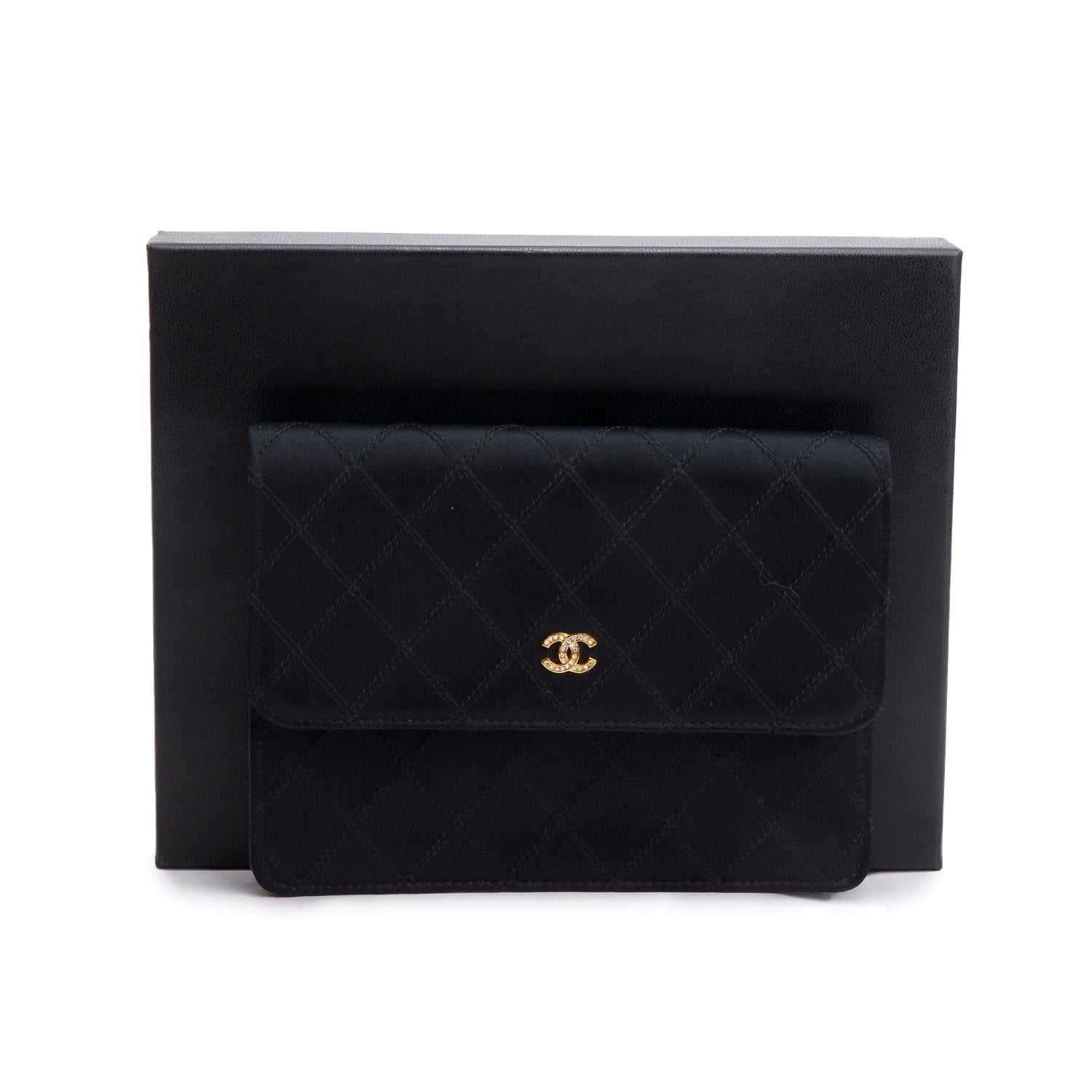 Chanel Vintage Black Satin CC Pouch w/ Box & Authenticity Card