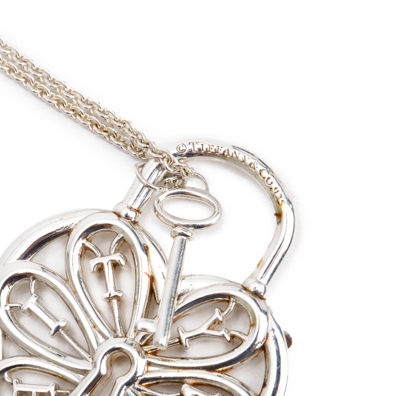 Tiffany & Co. Sterling Silver Large Filigree Heart Lock & Key Pendant Necklace