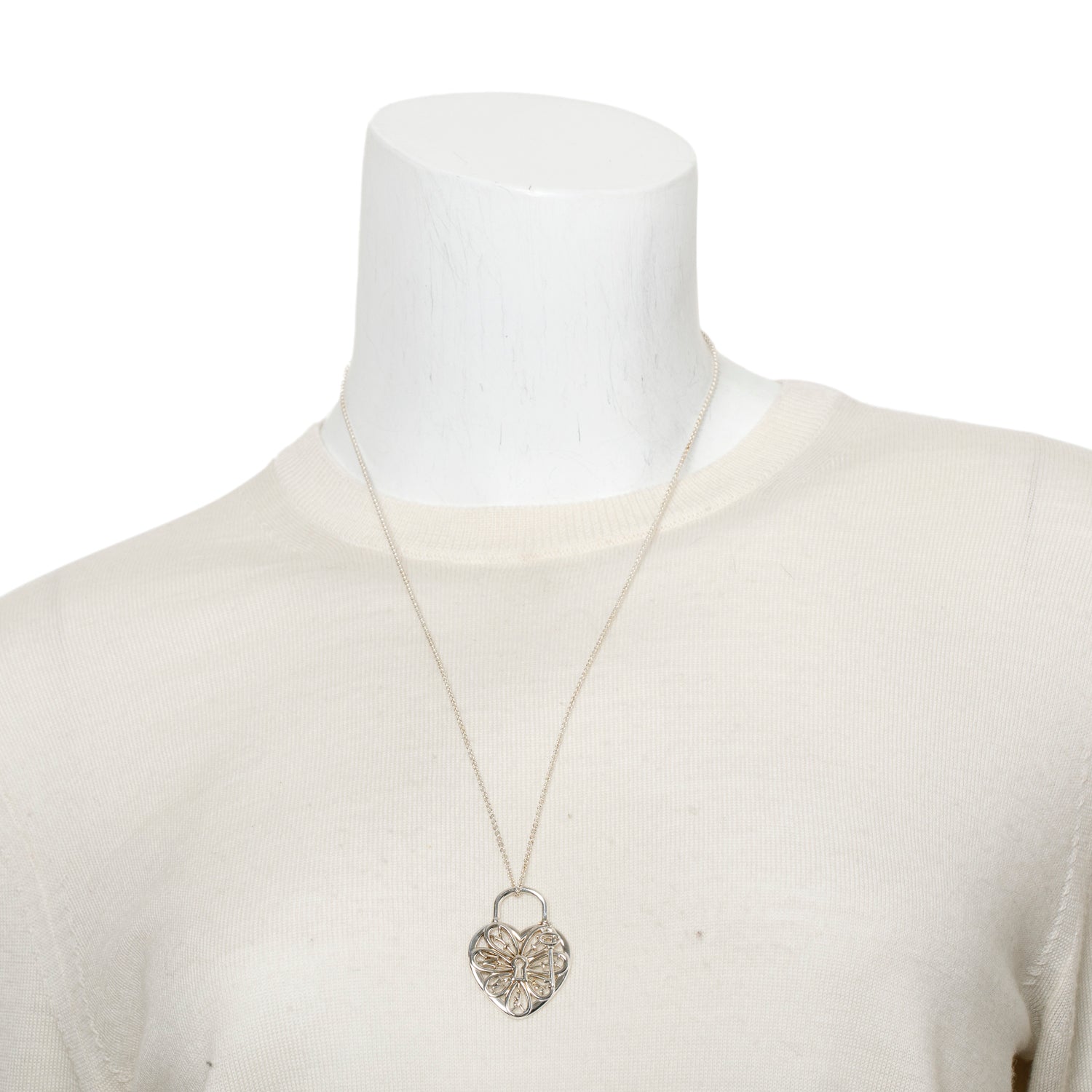 Tiffany & Co. Sterling Silver Large Filigree Heart Lock & Key Pendant Necklace