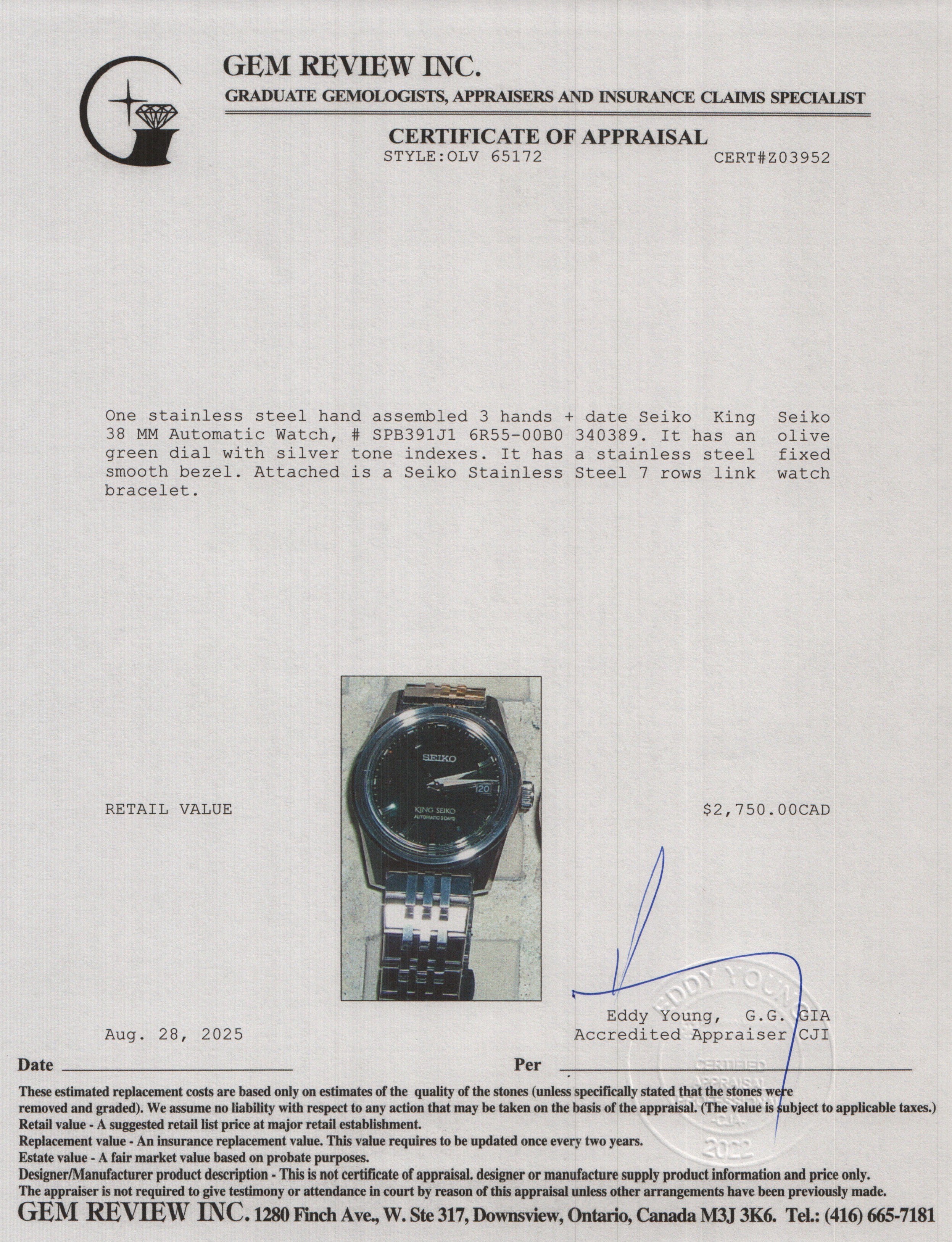 Seiko Stainless Steel King Seiko 38 MM Automatic Watch Olive Green Dial SPB391J1 w/ Box