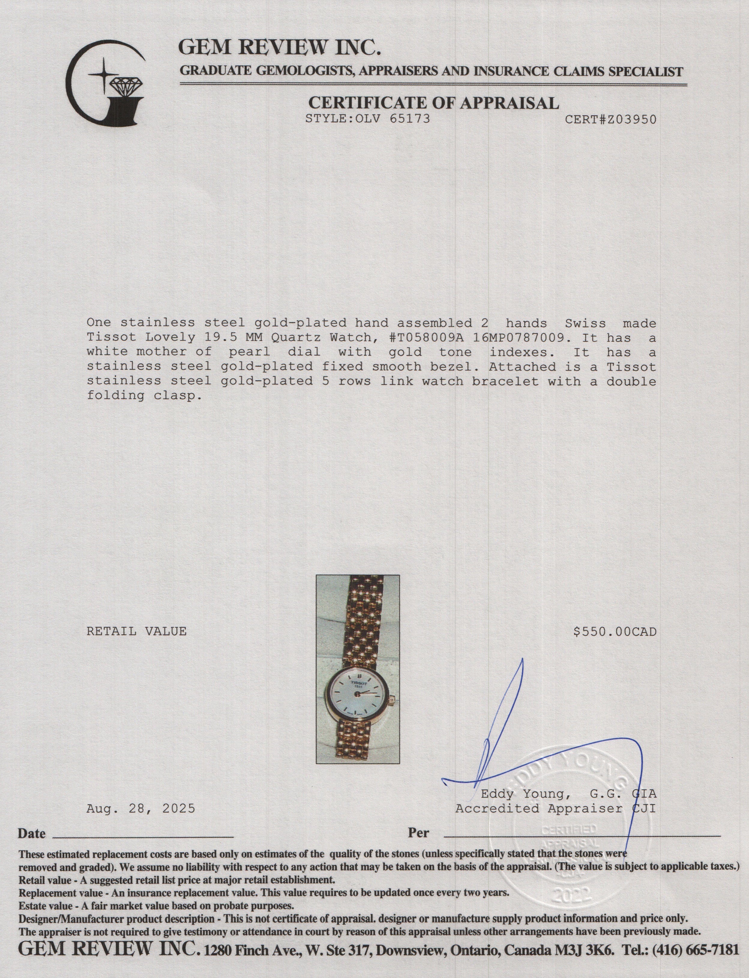 Tissot Gold-Plated Stainless Steel Lovely 19.5 MM Quartz Watch Mother of Pearl Dial w/ Box