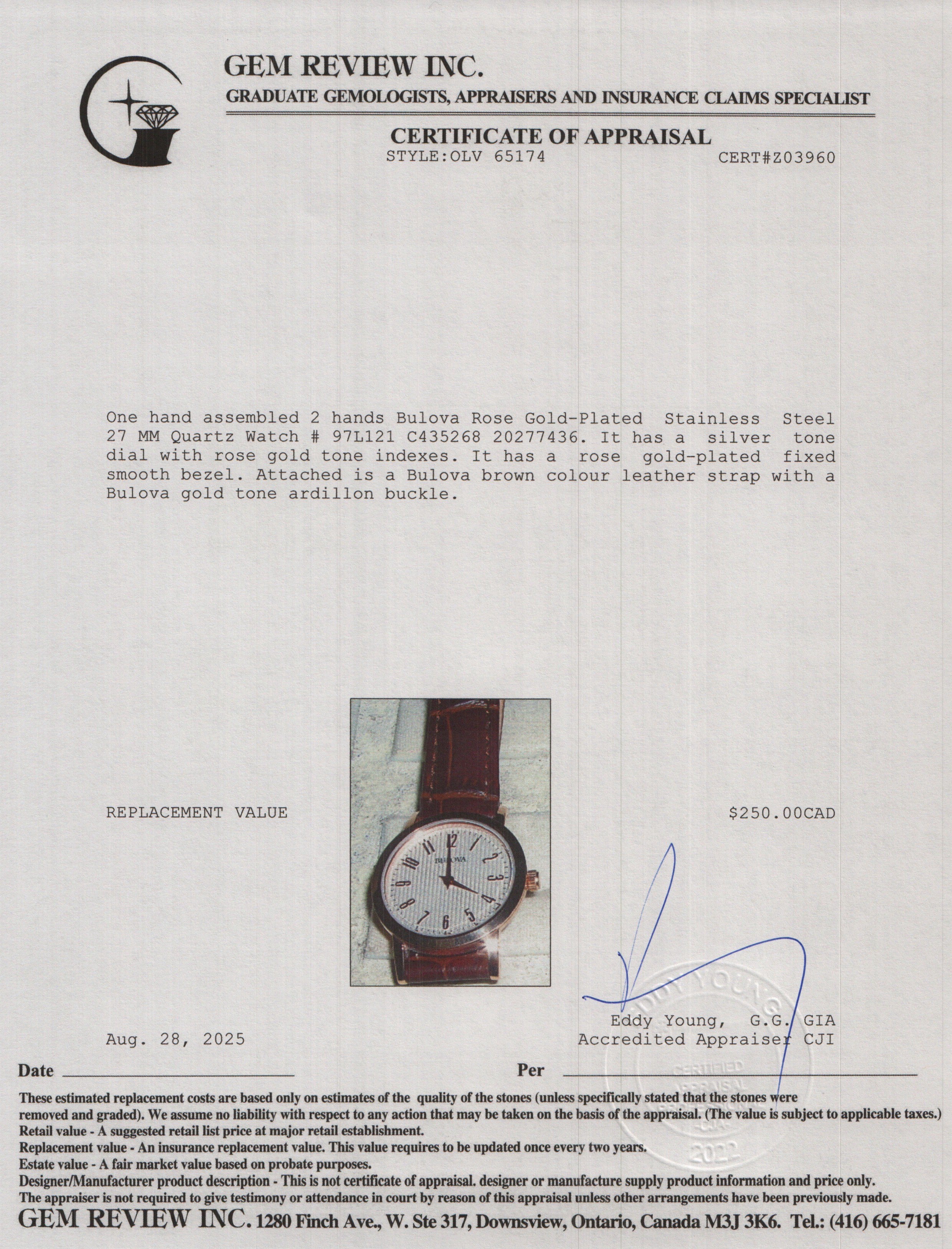 Bulova Rose Gold-Plated Stainless Steel 27 MM Quartz Watch White Dial 97L121 w/ Box