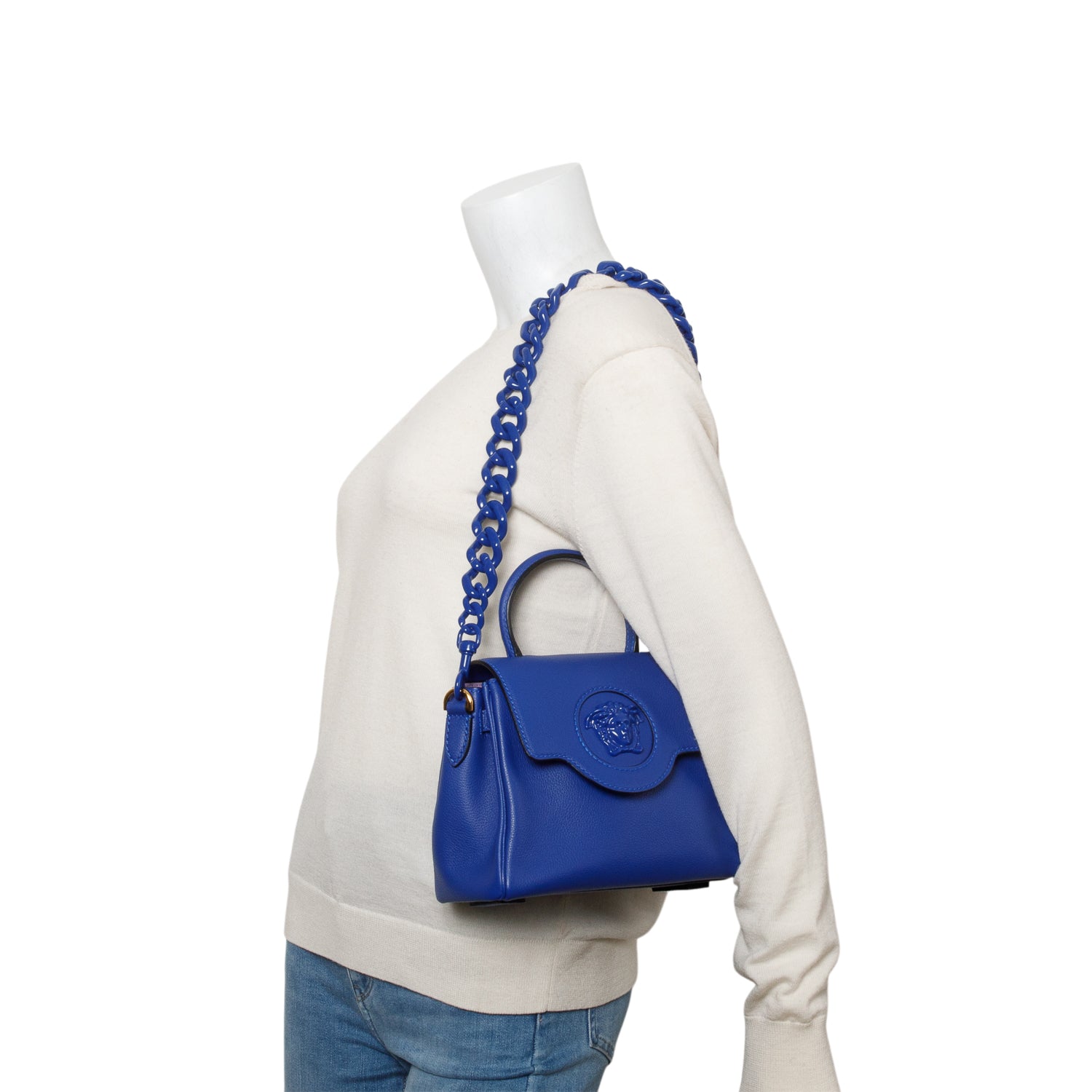 Versace Blue Grained Leather La Medusa Small Handbag w/ Straps