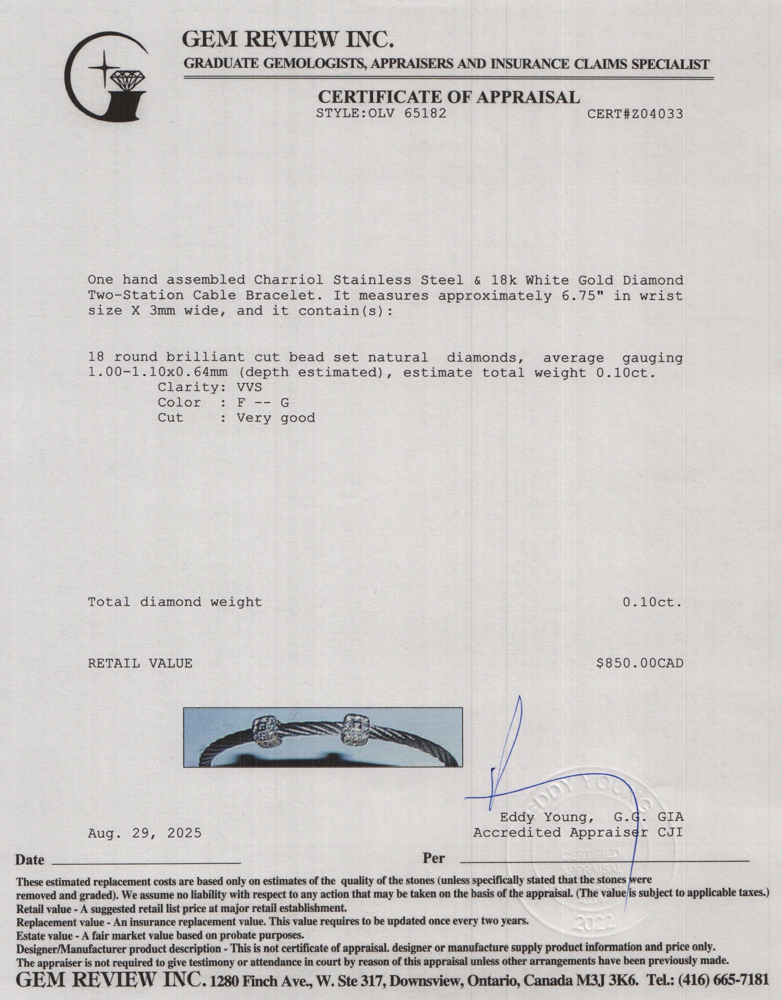 Charriol Stainless Steel & 18k White Gold Diamond Two-Station Cable Bracelet