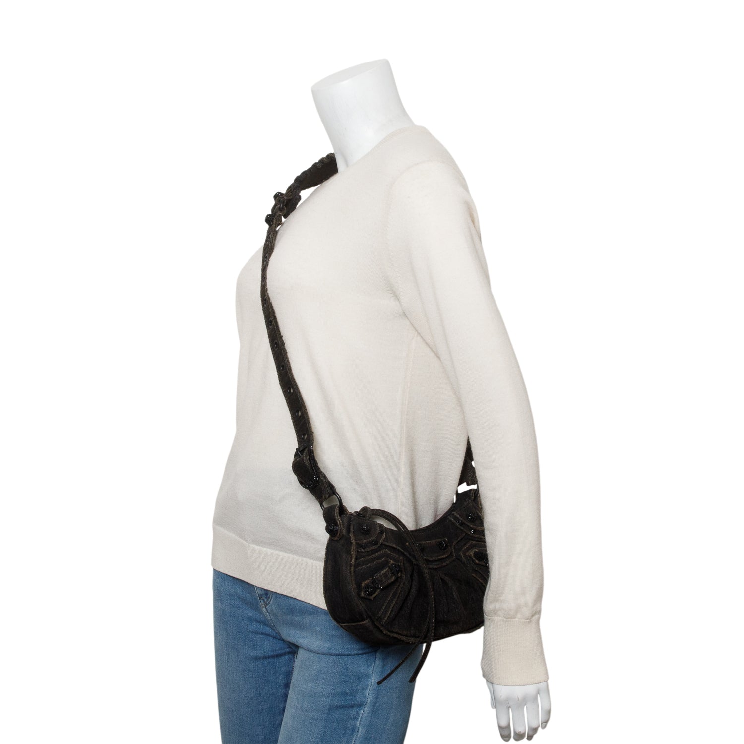 Balenciaga Black Washed Frayed Denim Crystal Le Cagole XS