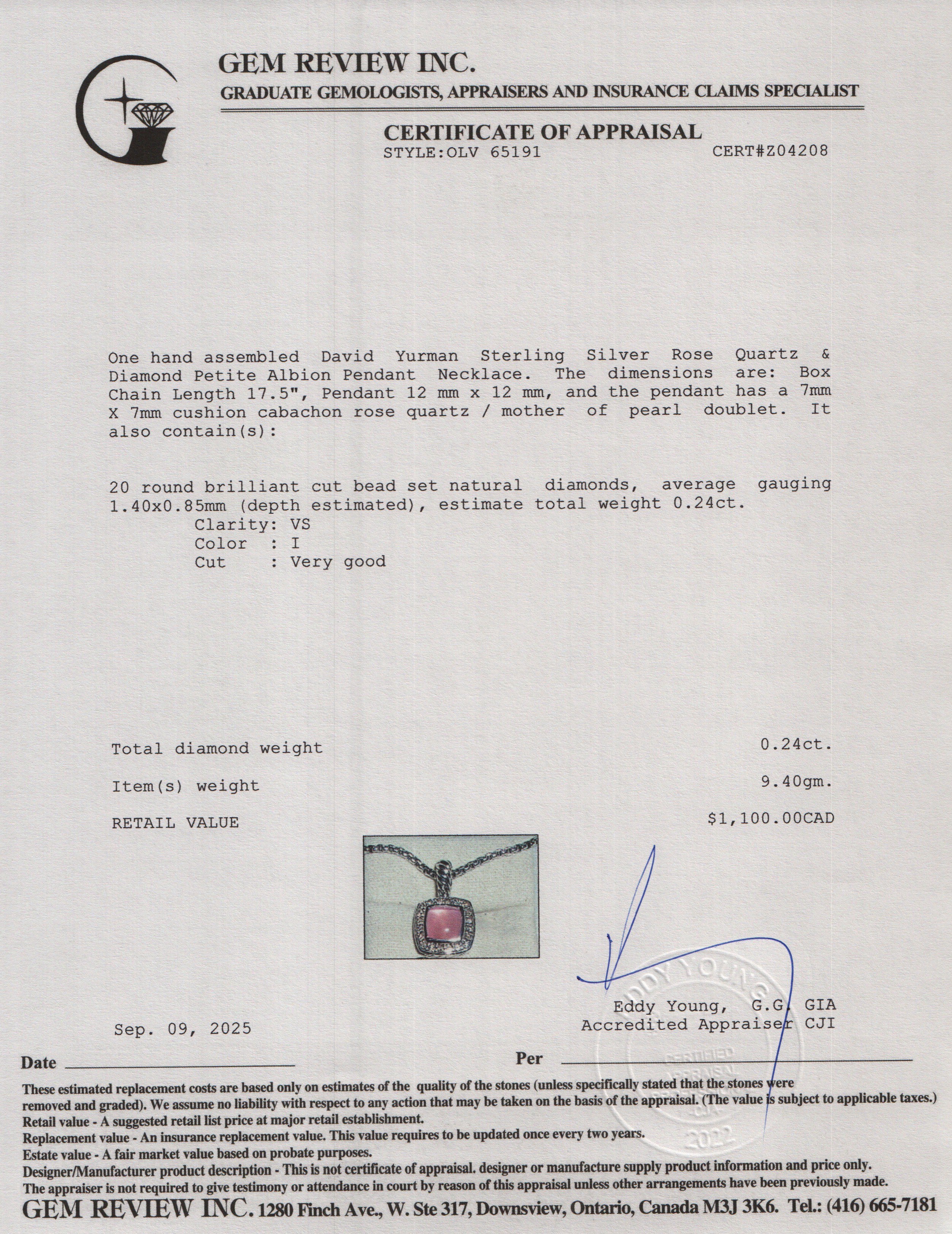 David Yurman Sterling Silver Rose Quartz & Diamond Petite Albion Pendant Necklace