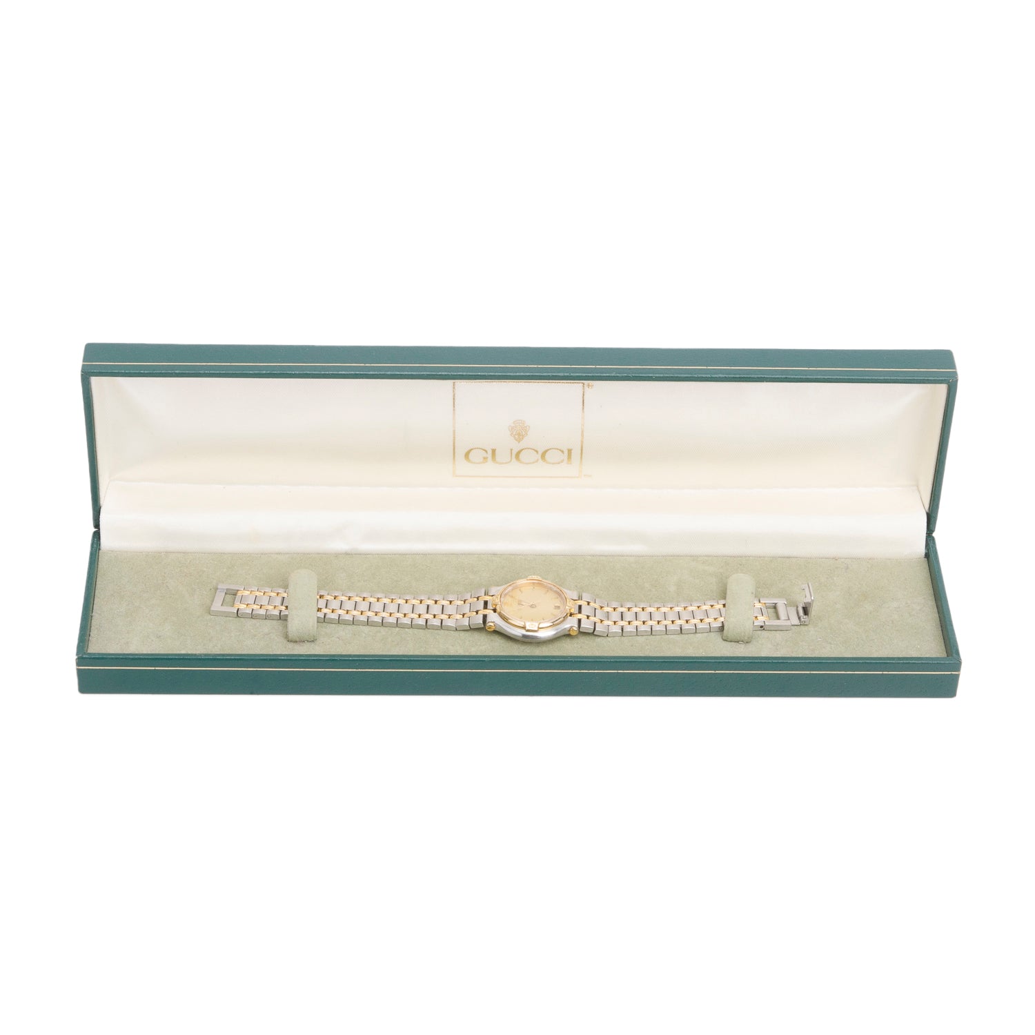 Gucci Vintage Two-Tone Stainless Steel 9000L Series 25 MM Quartz Watch Gold Dial w/ Box