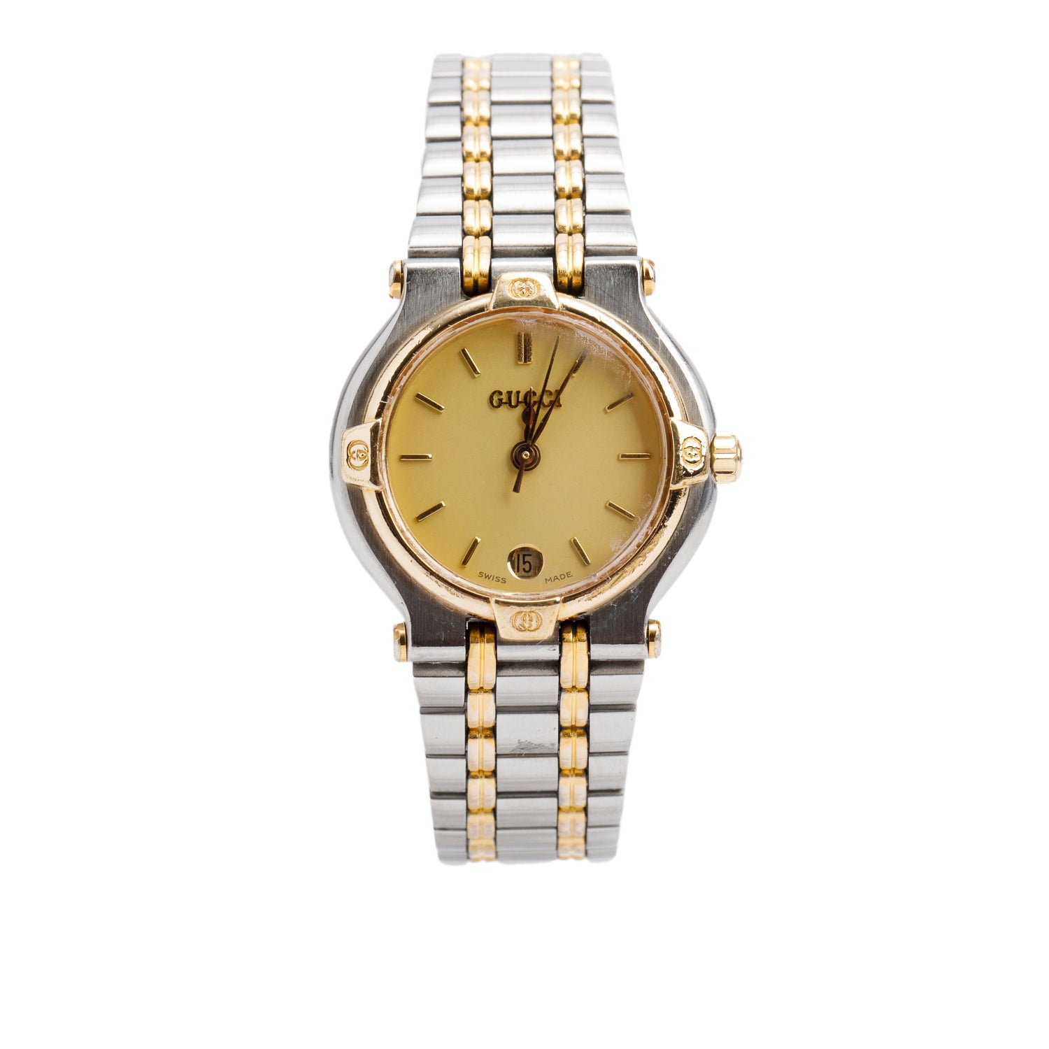 Gucci Vintage Two-Tone Stainless Steel 9000L Series 25 MM Quartz Watch Gold Dial w/ Box