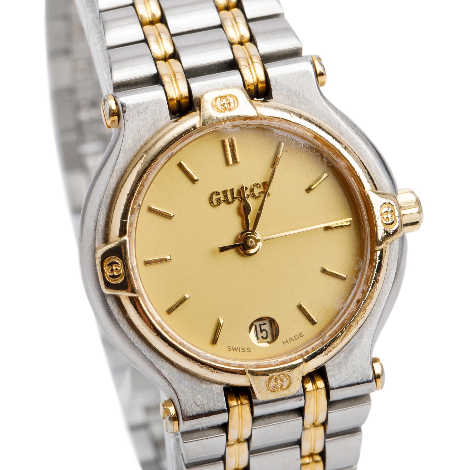 Gucci Vintage Two-Tone Stainless Steel 9000L Series 25 MM Quartz Watch Gold Dial w/ Box