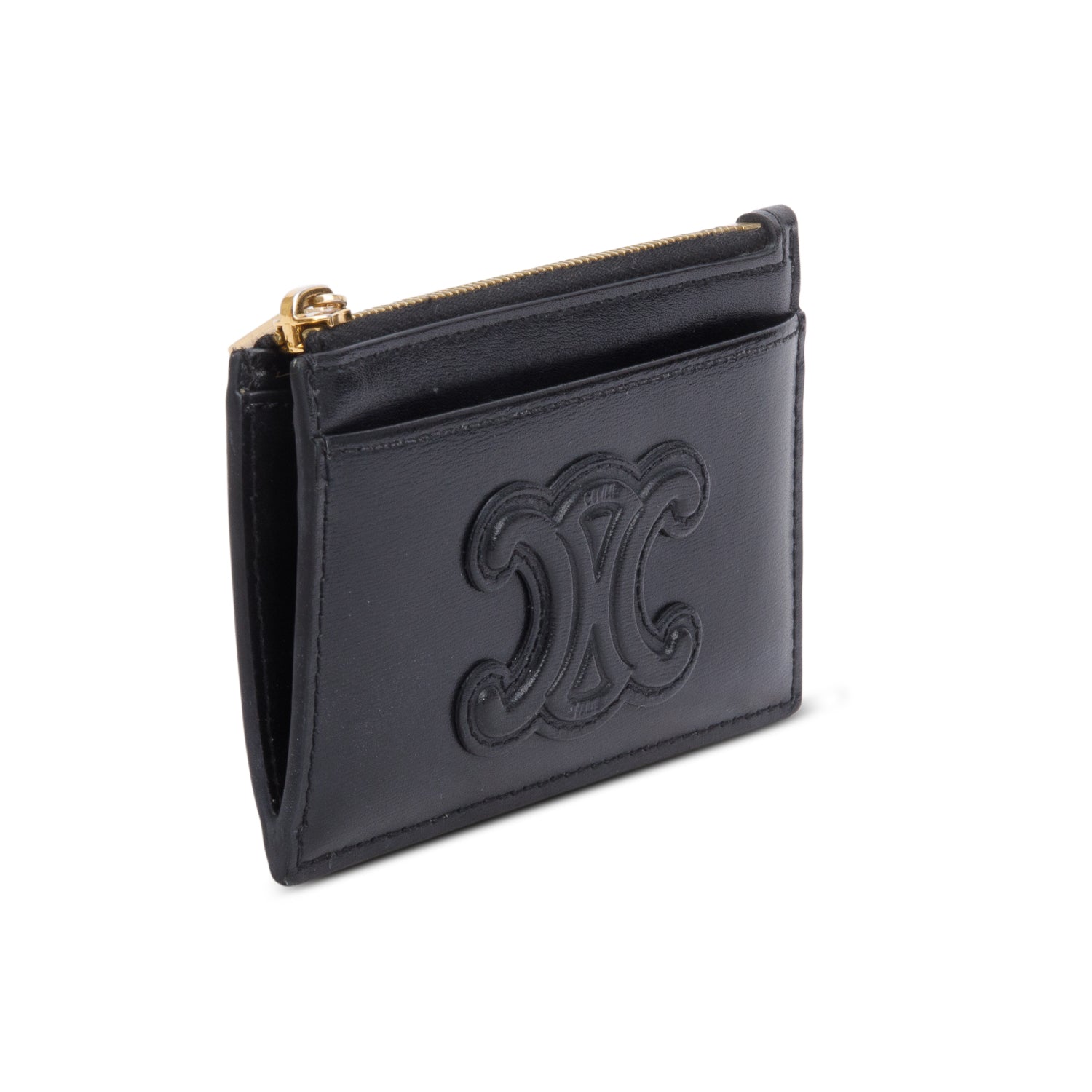 Celine 2023 Black Smooth Lambskin Triomphe Zipped Card Holder w/ Box