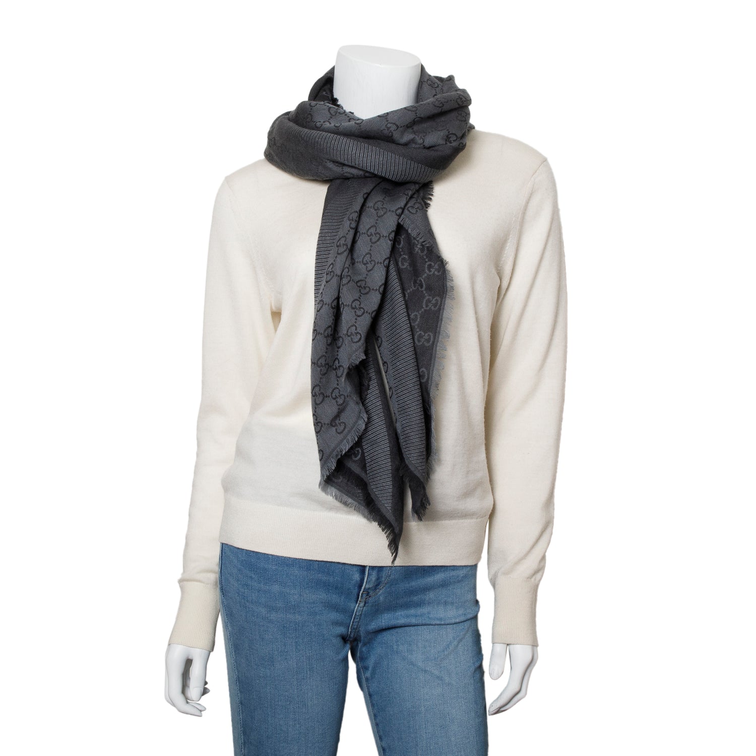 Gucci Black/Grey GG Jacquard Wool Silk Shawl Scarf w/ Box