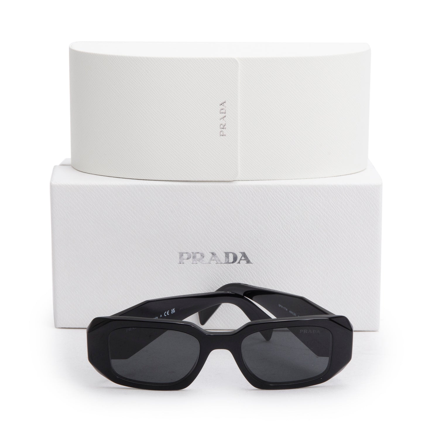 Prada SPR 17W Black Acetate Symbole Rectangular Sunglasses w/ Box & Case