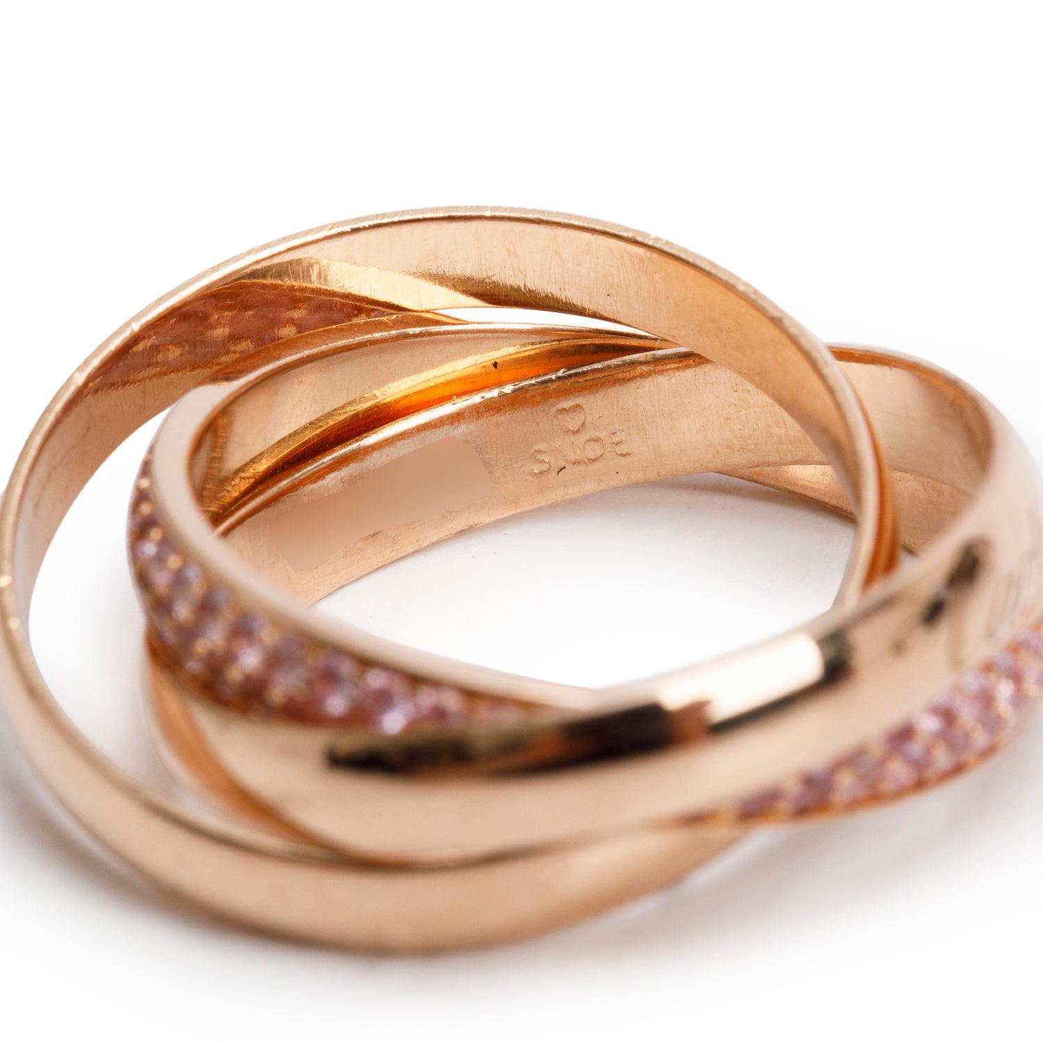 Cartier 18k Rose Gold Pink Sapphire Trinity Rolling Ring, Size 5.25 w/ Box