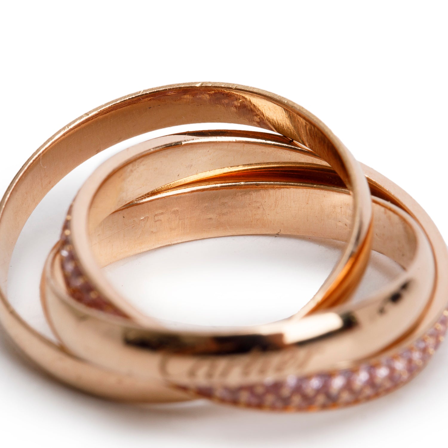 Cartier 18k Rose Gold Pink Sapphire Trinity Rolling Ring, Size 5.25 w/ Box