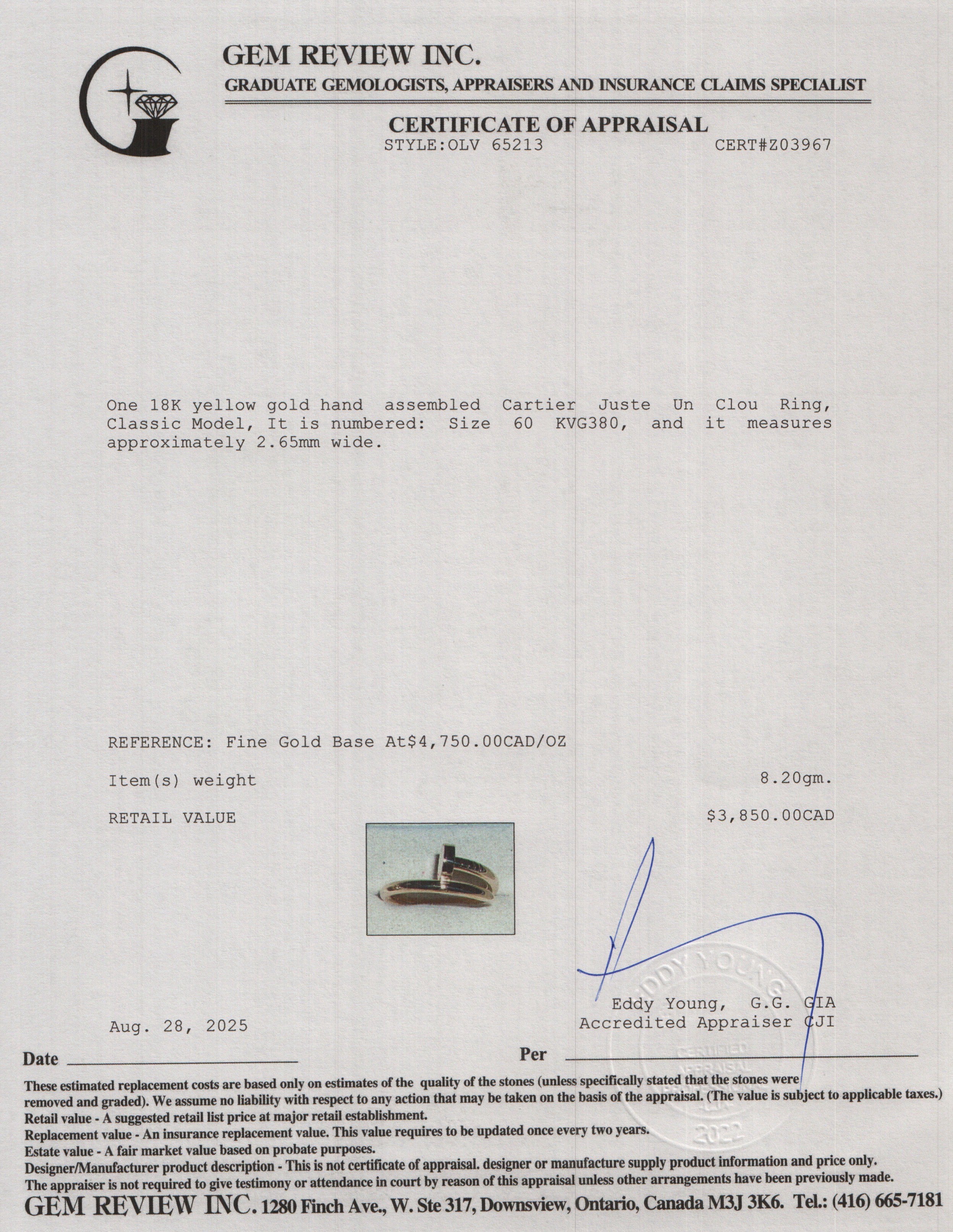 Cartier 18k Yellow Gold Juste Un Clou Ring, Classic Model, Size 60 9 w/ Receipt