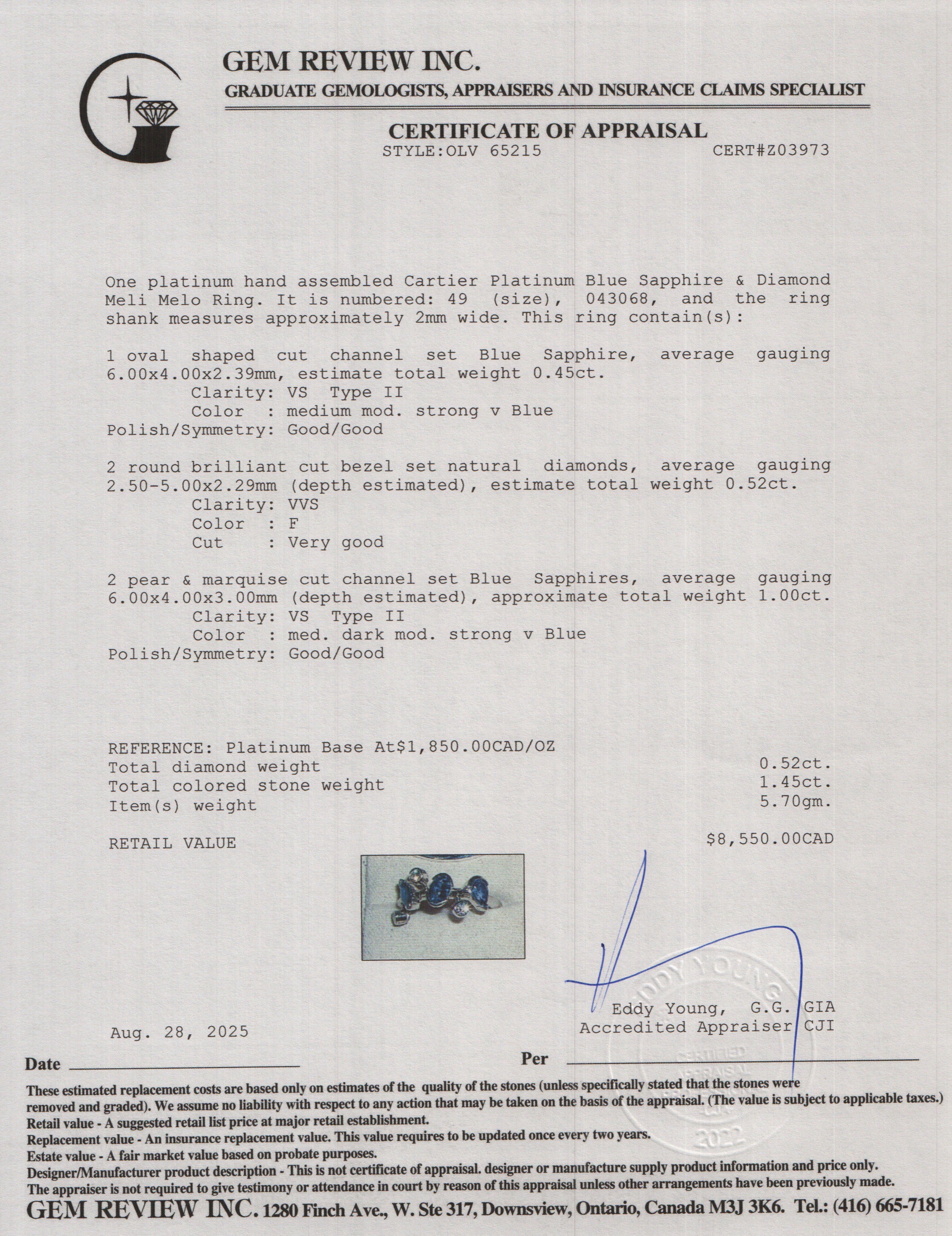 Cartier Platinum Blue Sapphire & Diamond Meli Melo Ring, Size 5.75 w/ Box & Papers