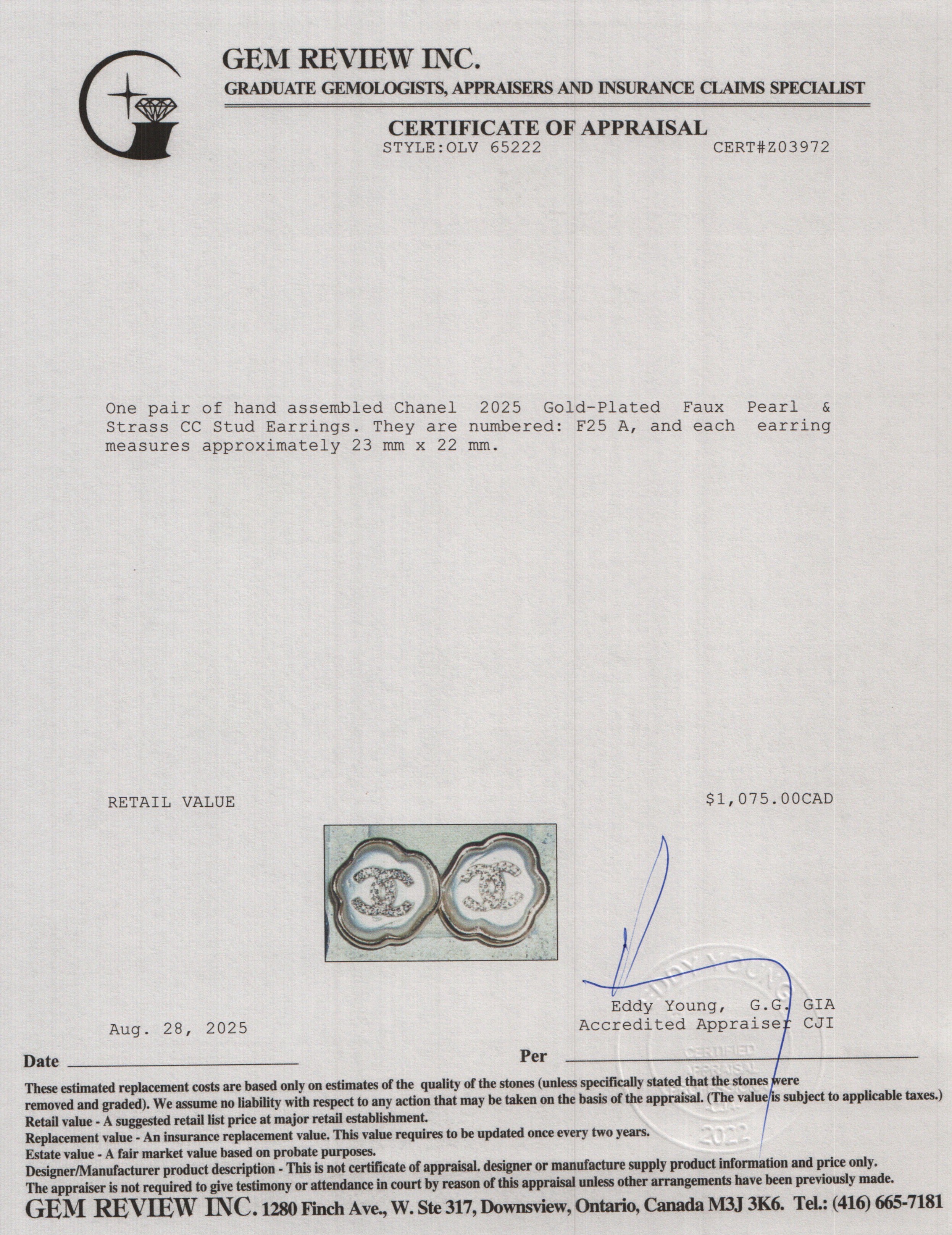 Chanel 2025 Gold-Plated Faux Pearl & Strass CC Stud Earrings w/ Box