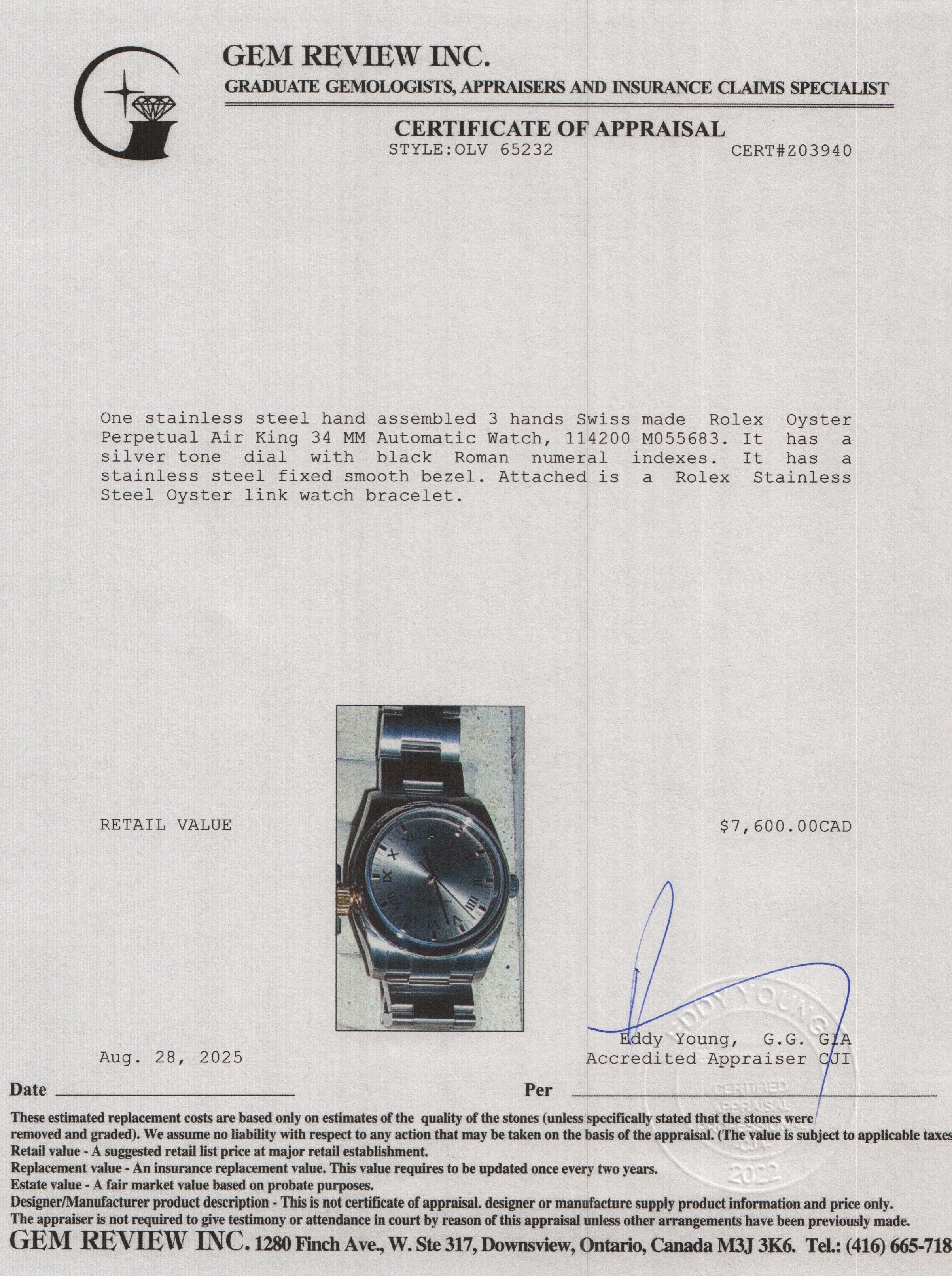 Rolex Stainless Steel Oyster Perpetual Air King 34 MM Automatic Watch Silver Dial 114200